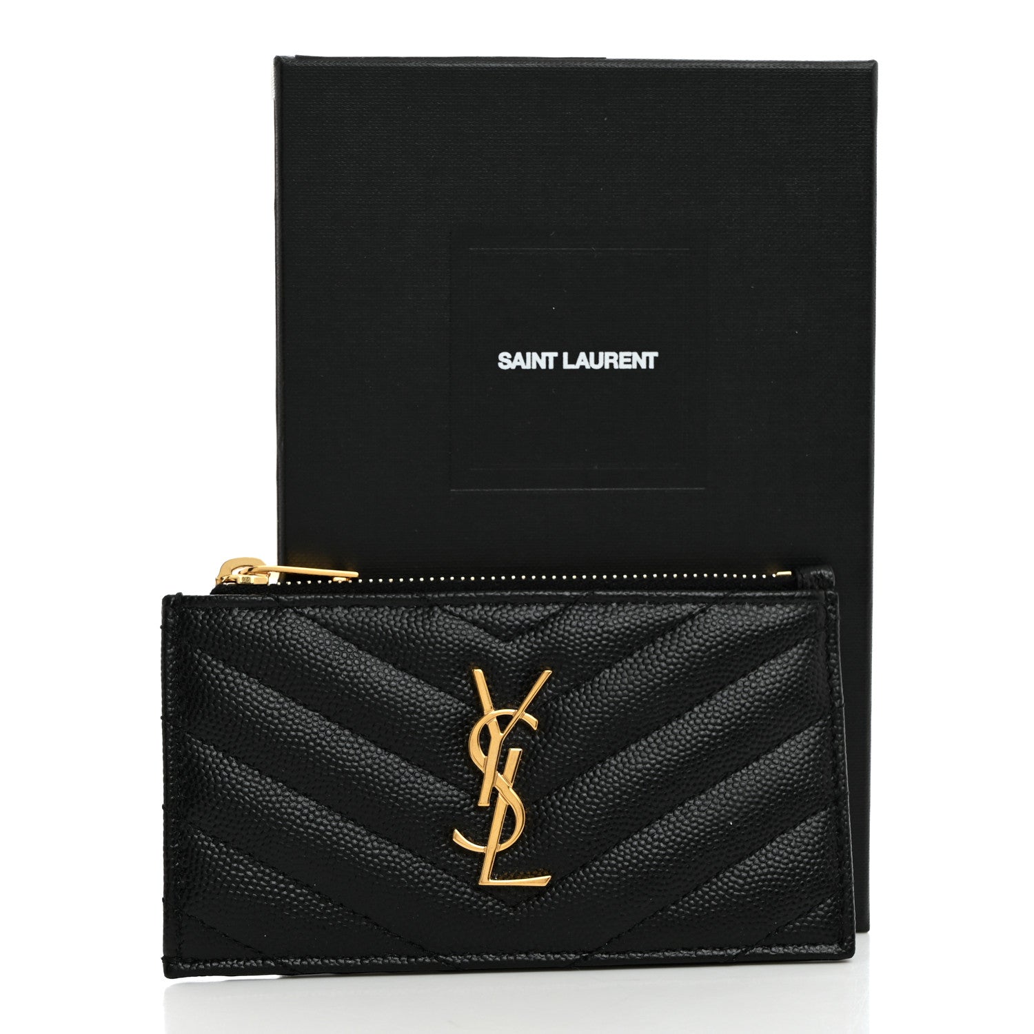 Saint Laurent Grain De Poudre Matelasse Chevron Monogram Fragments Zippered Card Case Black 8 of 8