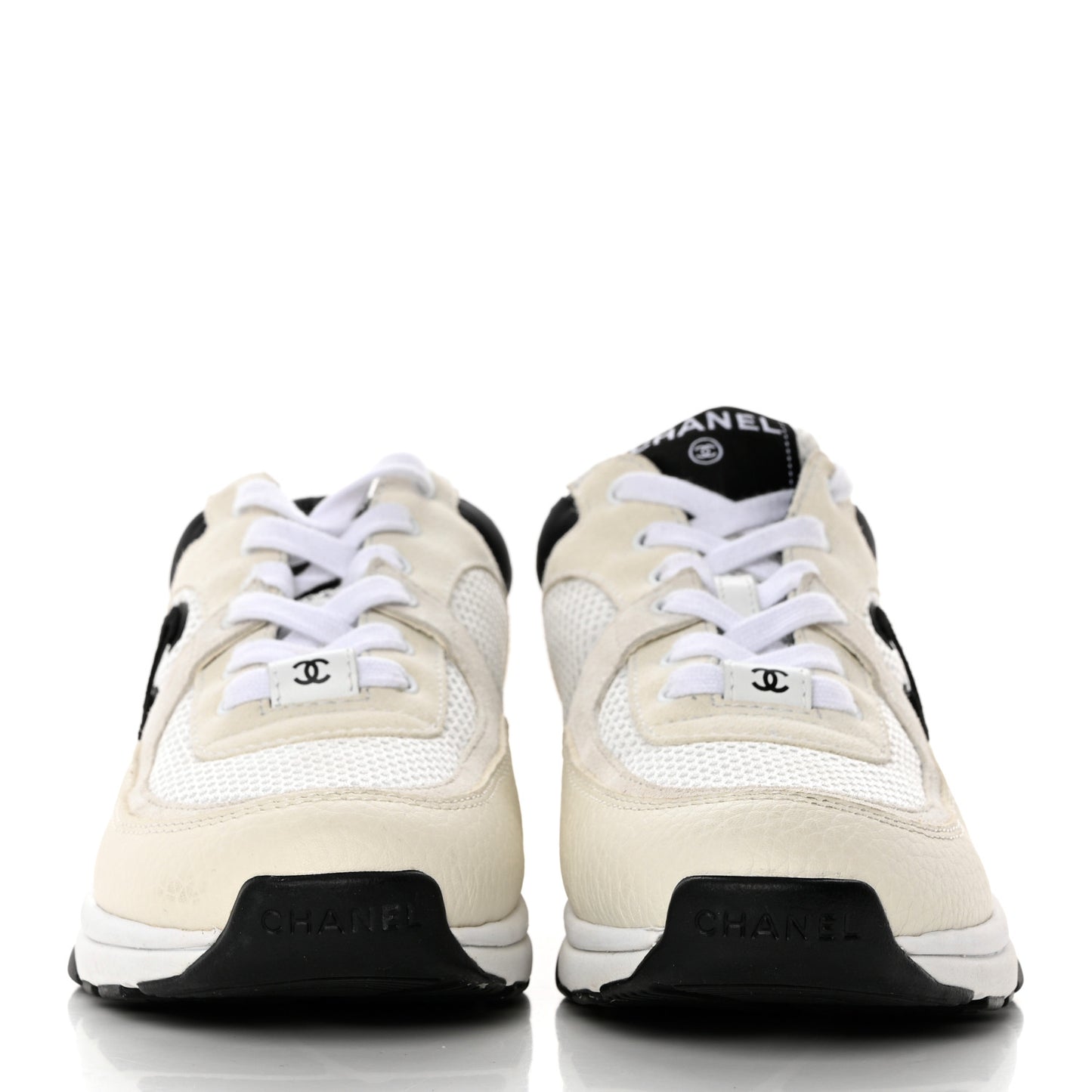 Mesh Suede Calfskin Grained Calfskin Womens CC Sneakers 38 White Black