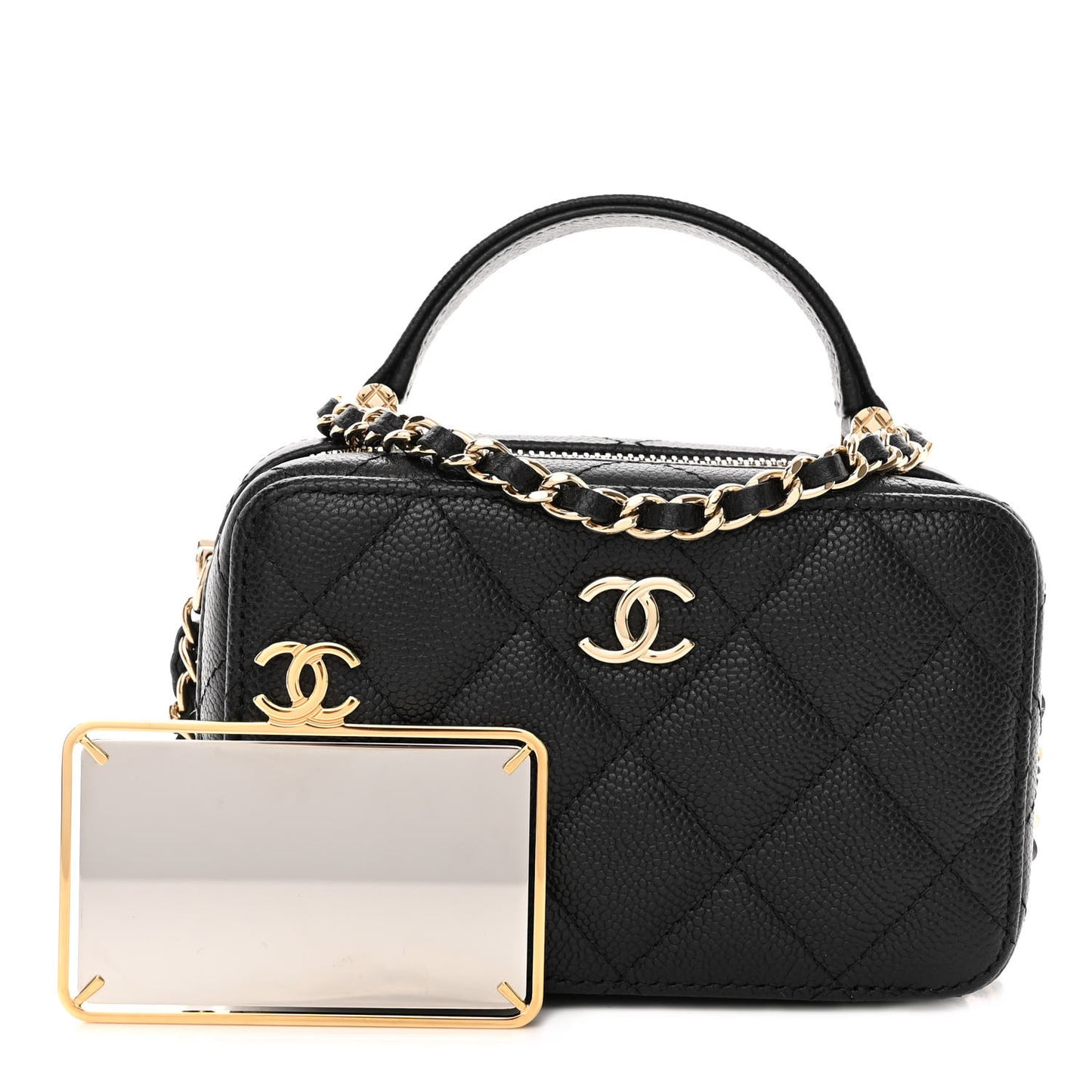 Caviar Quilted Small Top Handle Vanity Case With Chain Black