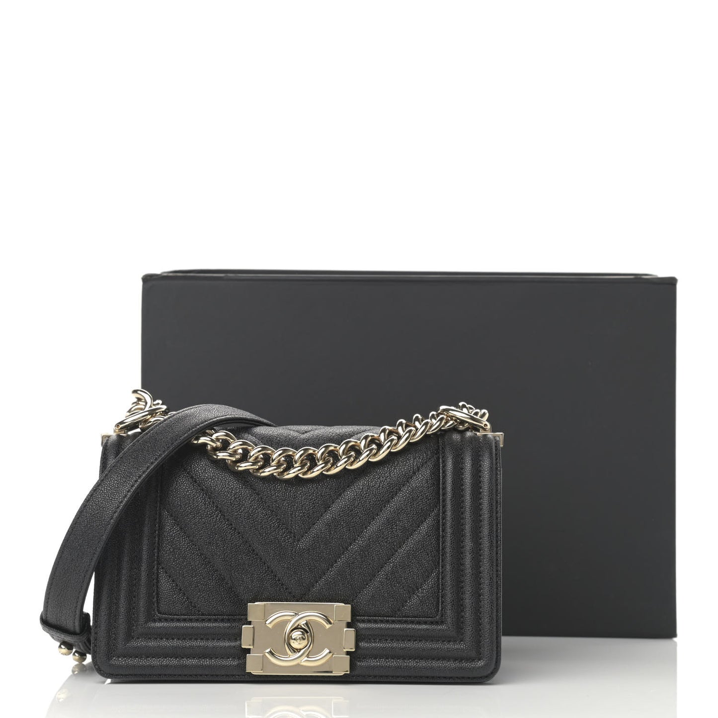 Iridescent Caviar Chevron Quilted Small Boy Flap Black