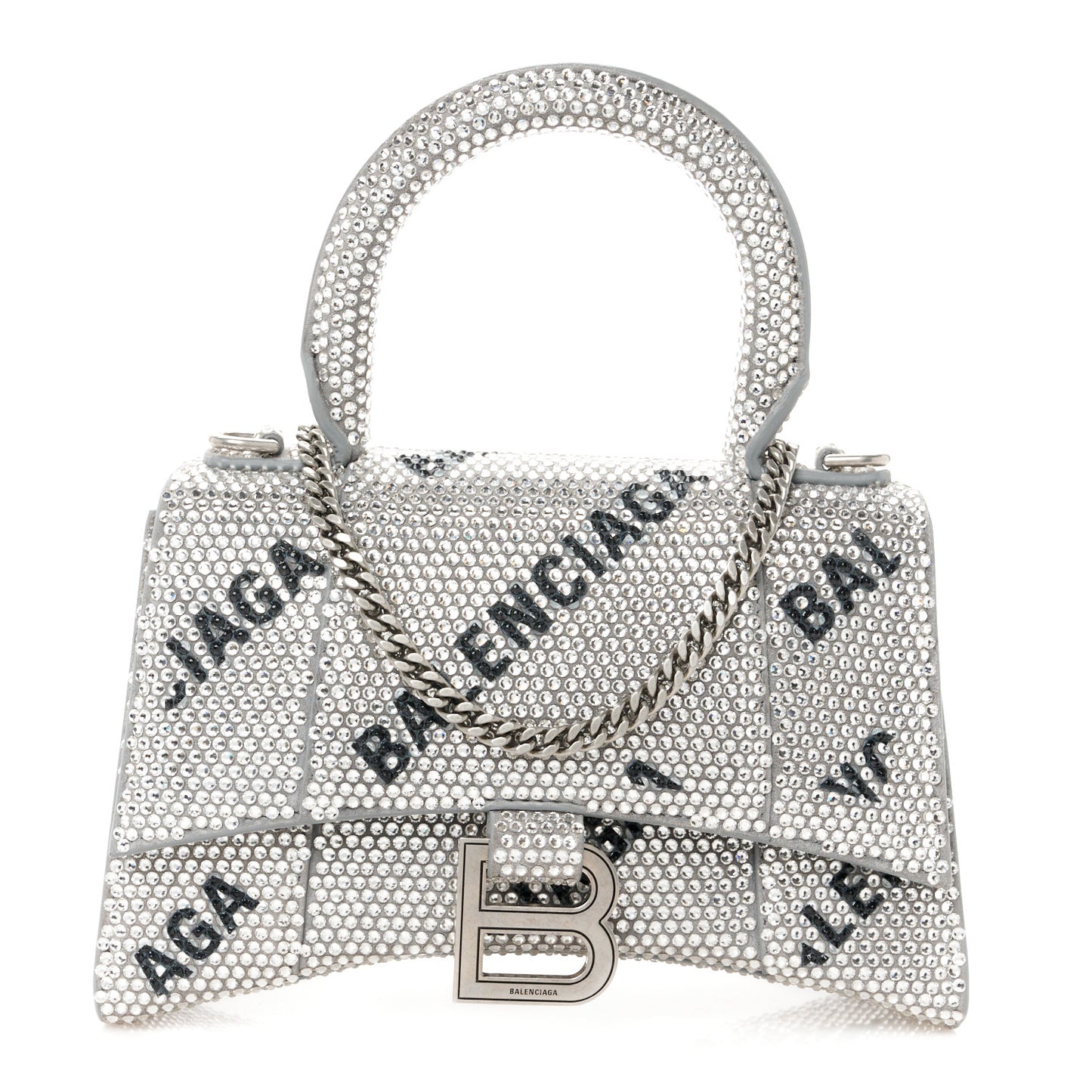 Strass Suede Allover Logo Hourglass Top Handle Bag XS with Chain Silver Black