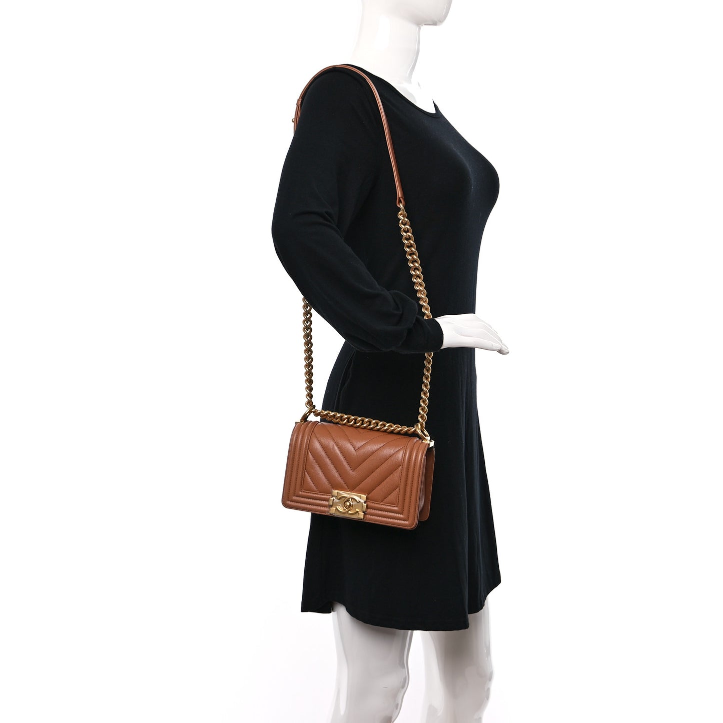 Caviar Chevron Quilted Small Boy Flap Brown