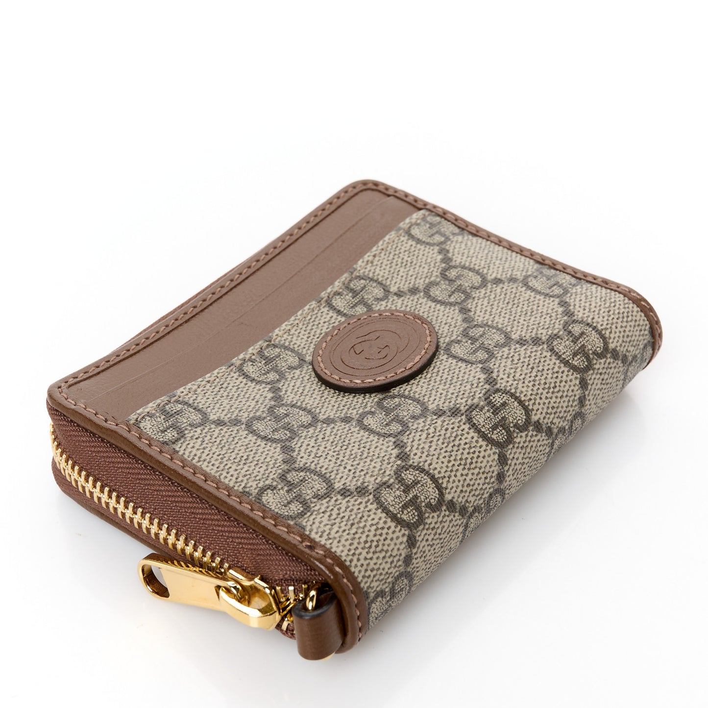 GG Supreme Monogram Azalea Calfskin Retro Interlocking G Compact Wallet Beige Ebony Brown Sugar