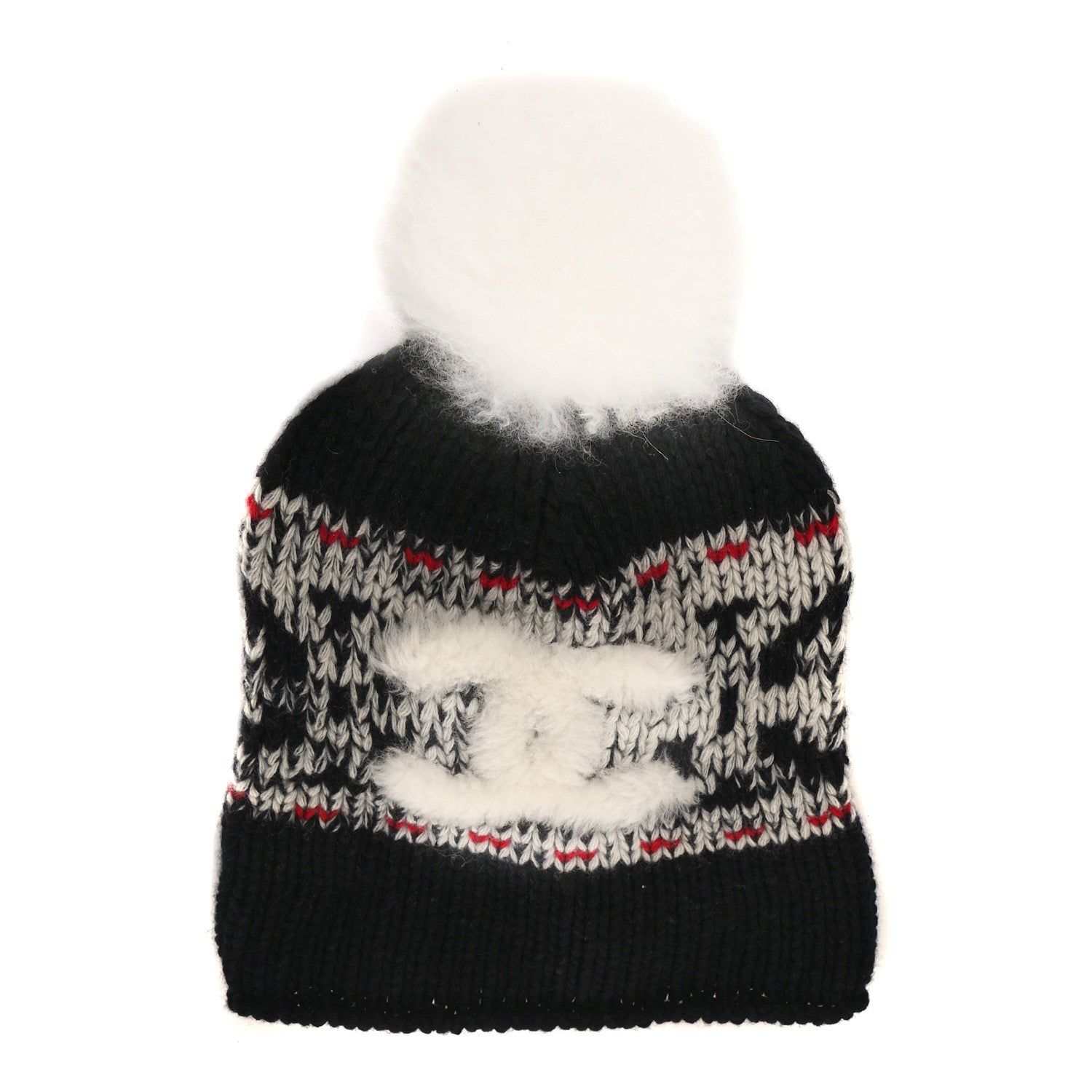 Chanel Wool Shearling CC Beanie Hat Ivory Black Red 1212630