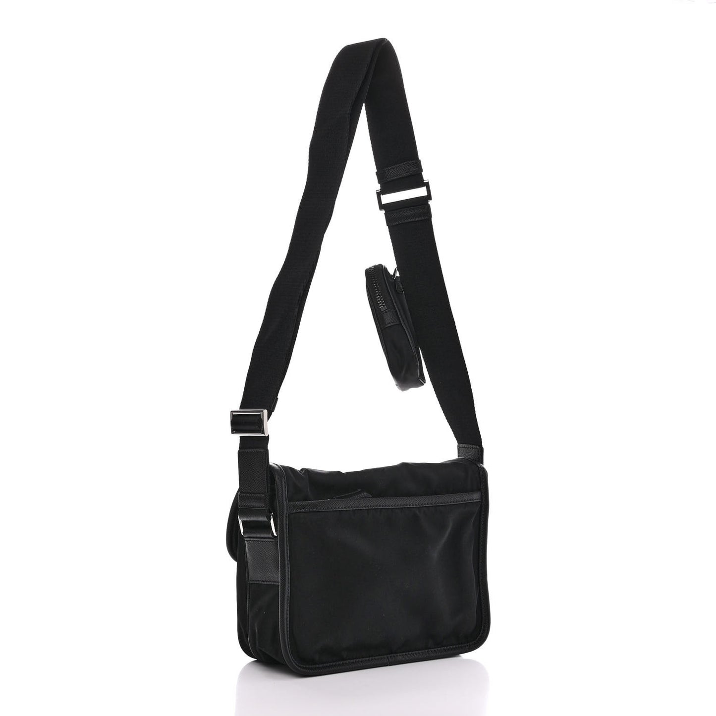Re-Nylon Saffiano Pocket Double Snap Buckle Shoulder Bag Black