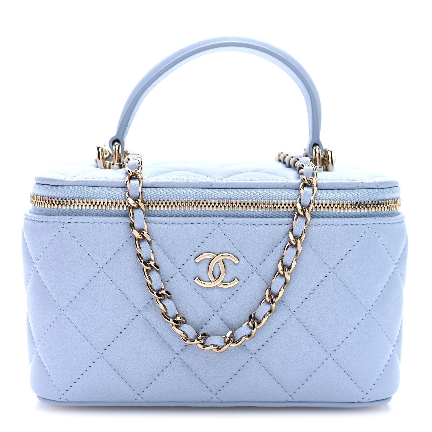 CHANEL チョコバー　キーケース 淡いブルーホワイト Chanel Lambskin Quilted Small Top Handle Vanity Case With Chain