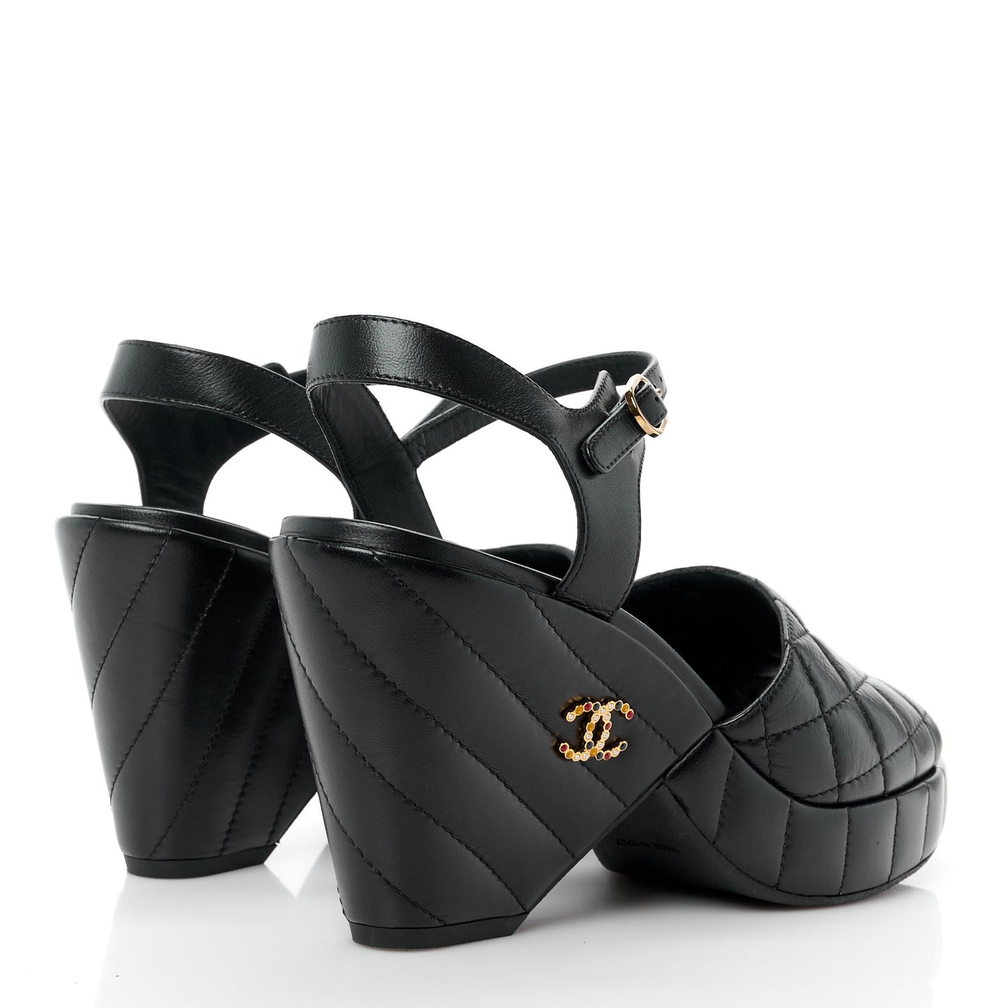 Lambskin Quilted Peep Toe Wedge Sandals 38.5 Black