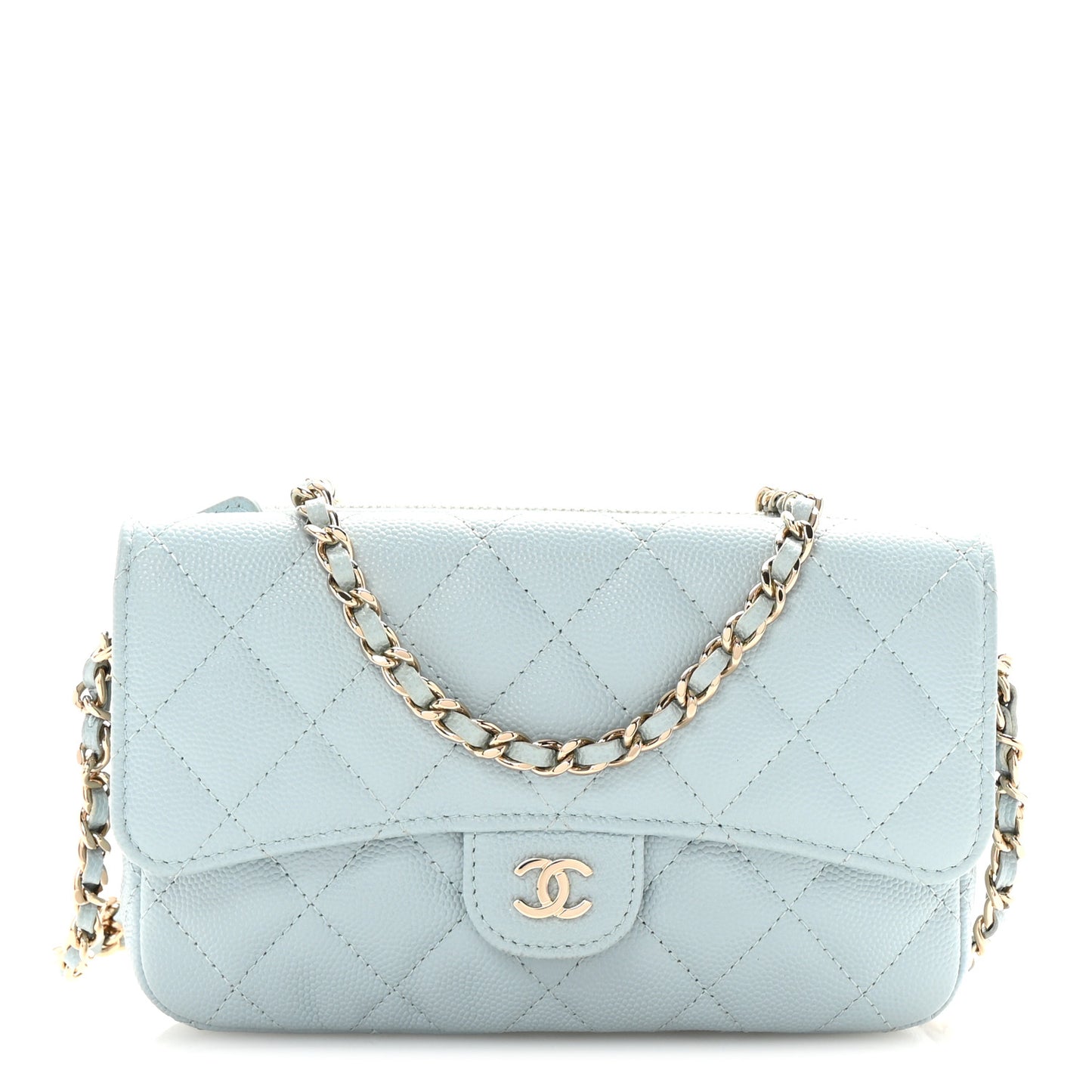 Caviar Quilted Flap Phone Holder With Chain Light Blue