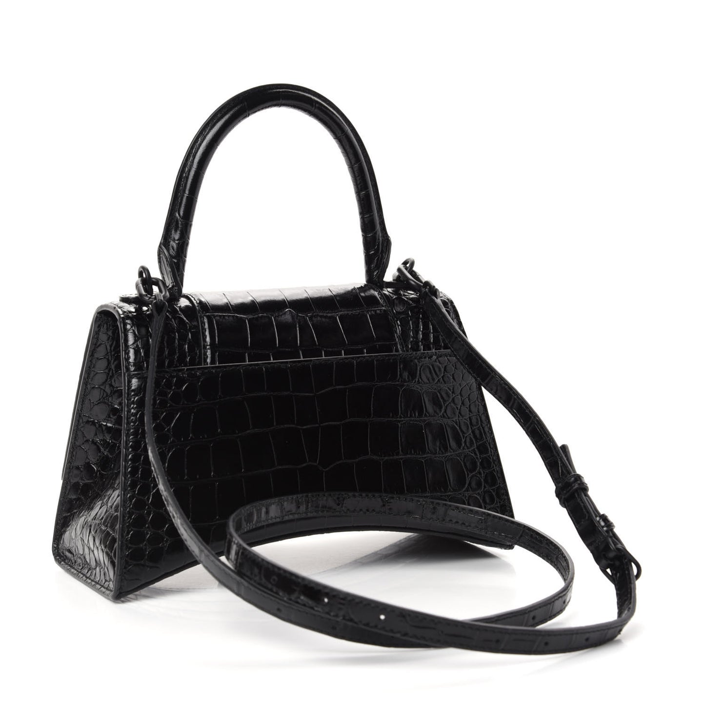 Shiny Calfskin Monochrome Crocodile Embossed Small Hourglass Top Handle Bag Black