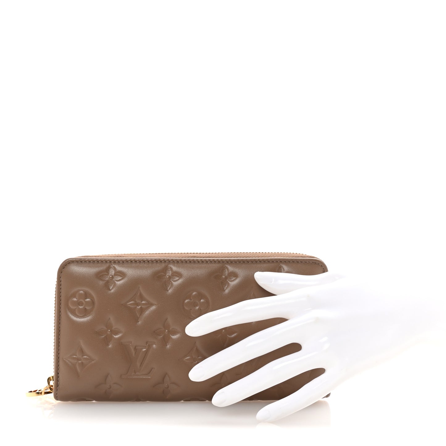 Lambskin Embossed Monogram Coussin Zippy Wallet Taupe