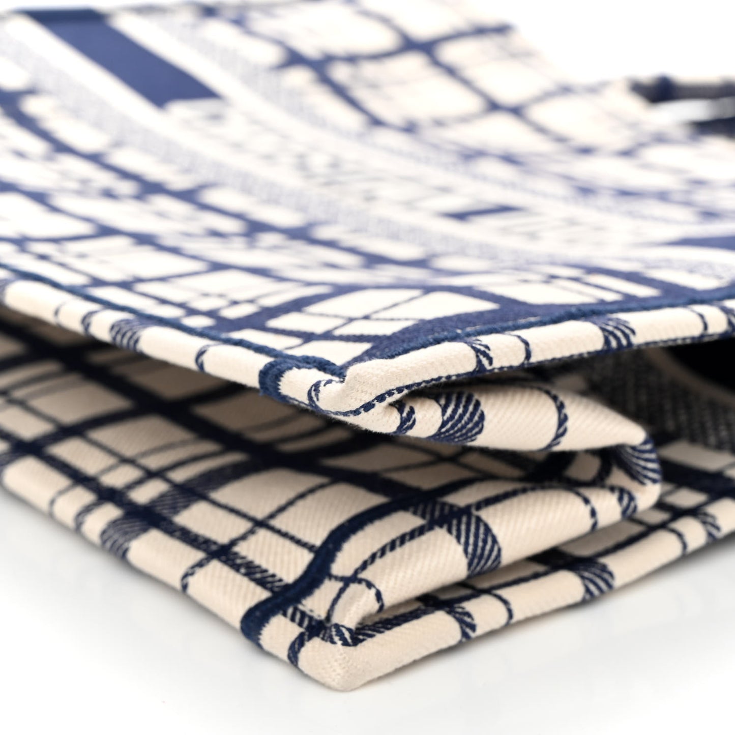 Canvas Embroidered Large Plaid Book Tote Navy