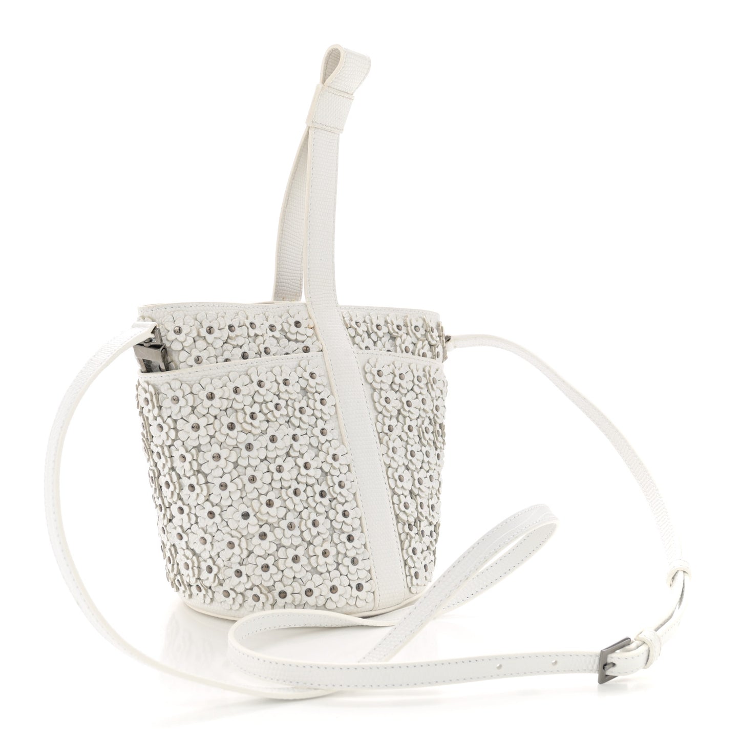 Lizard Embossed Calfskin Flower Applique Bucket Bag White