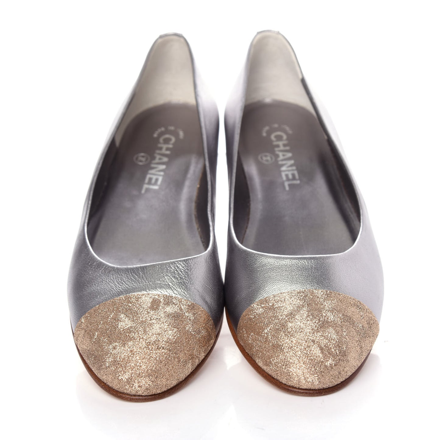 Metallic Lambskin Crystal Cap Toe CC Ballerina Flats 39 Silver Gold