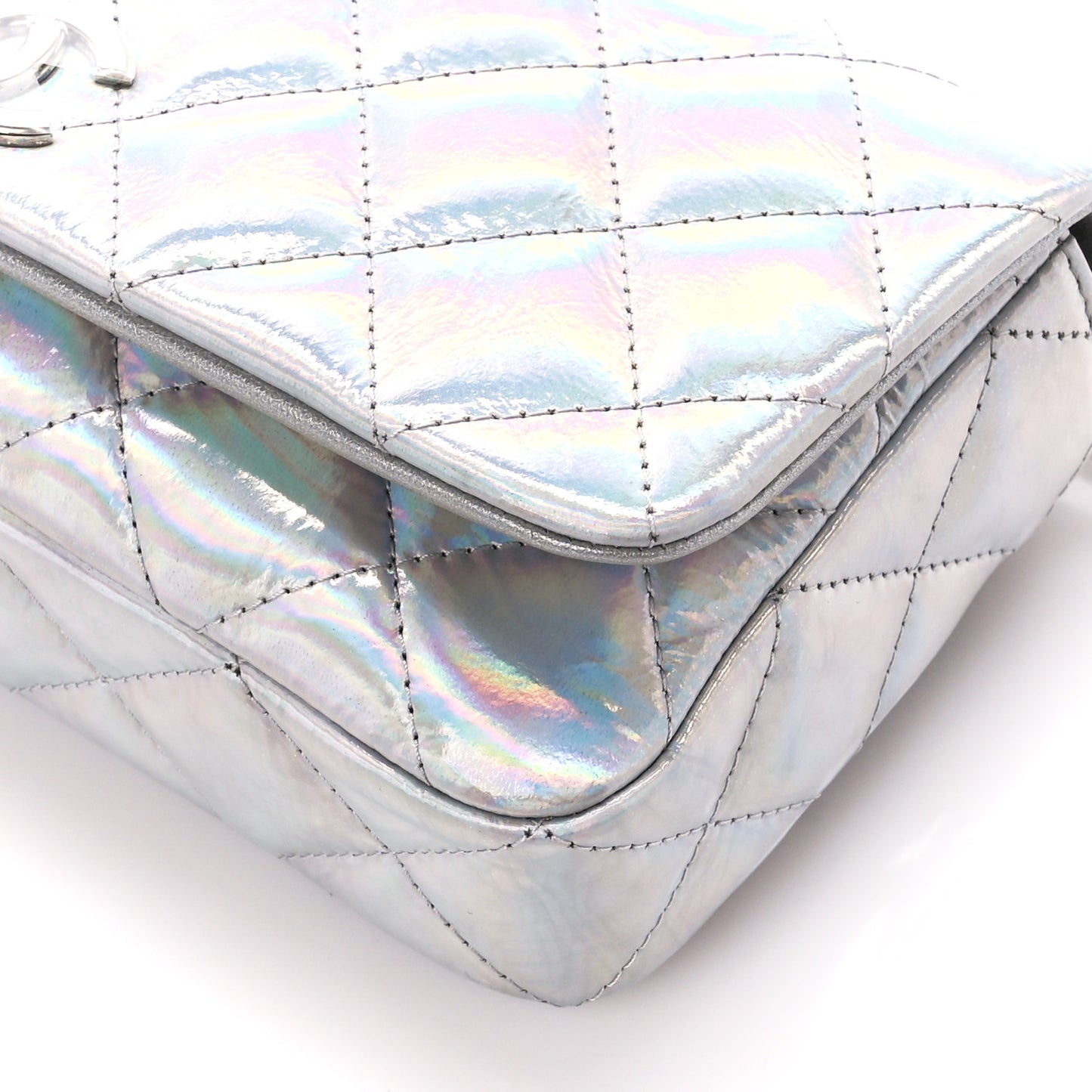 Iridescent Mirror Goatskin Quilted Clutch With Chain Silver