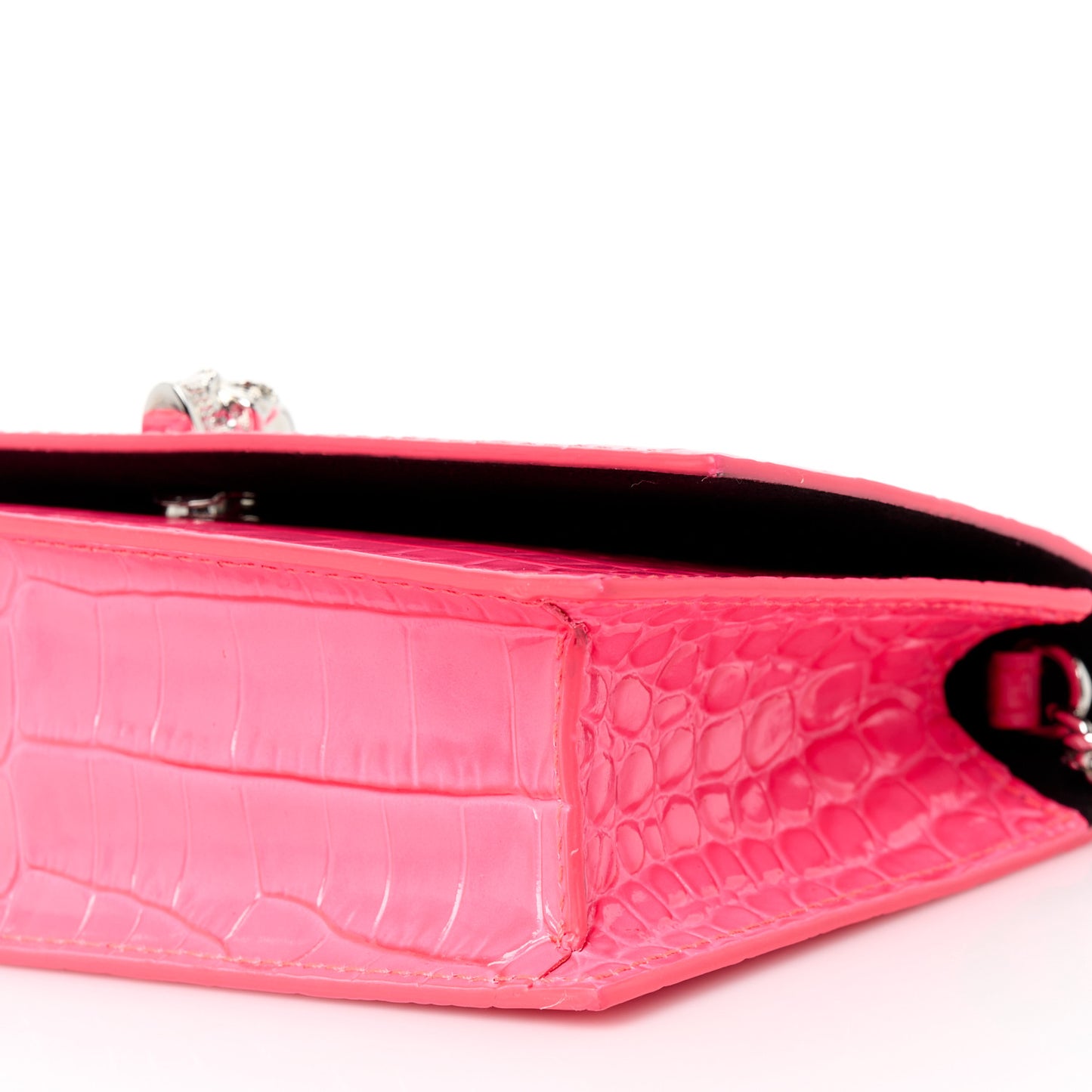 Calfskin Crocodile Embossed Skull Mini Crossbody Bag Neon Pink