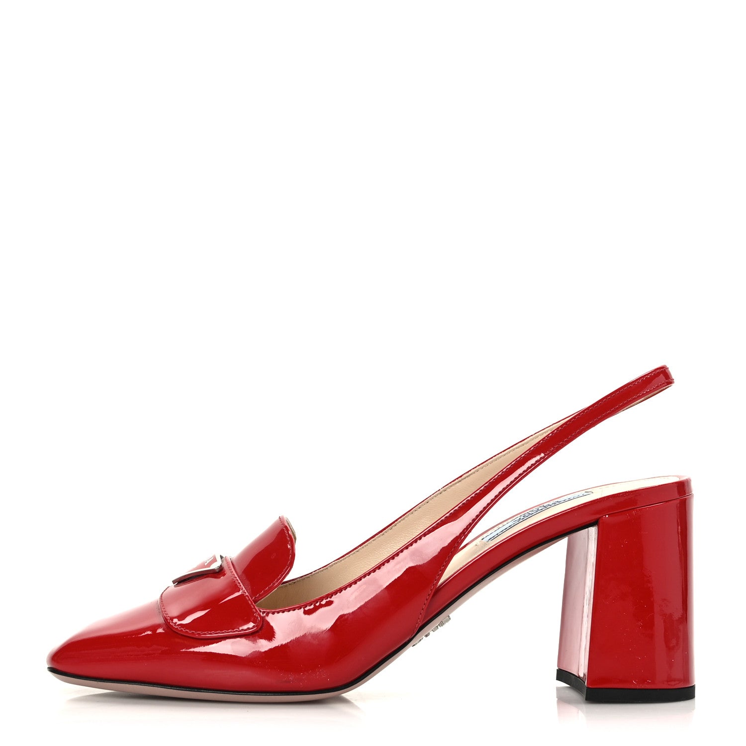 Prada Patent Metal Triangle Logo Block Heel 75mm Slingback Pumps