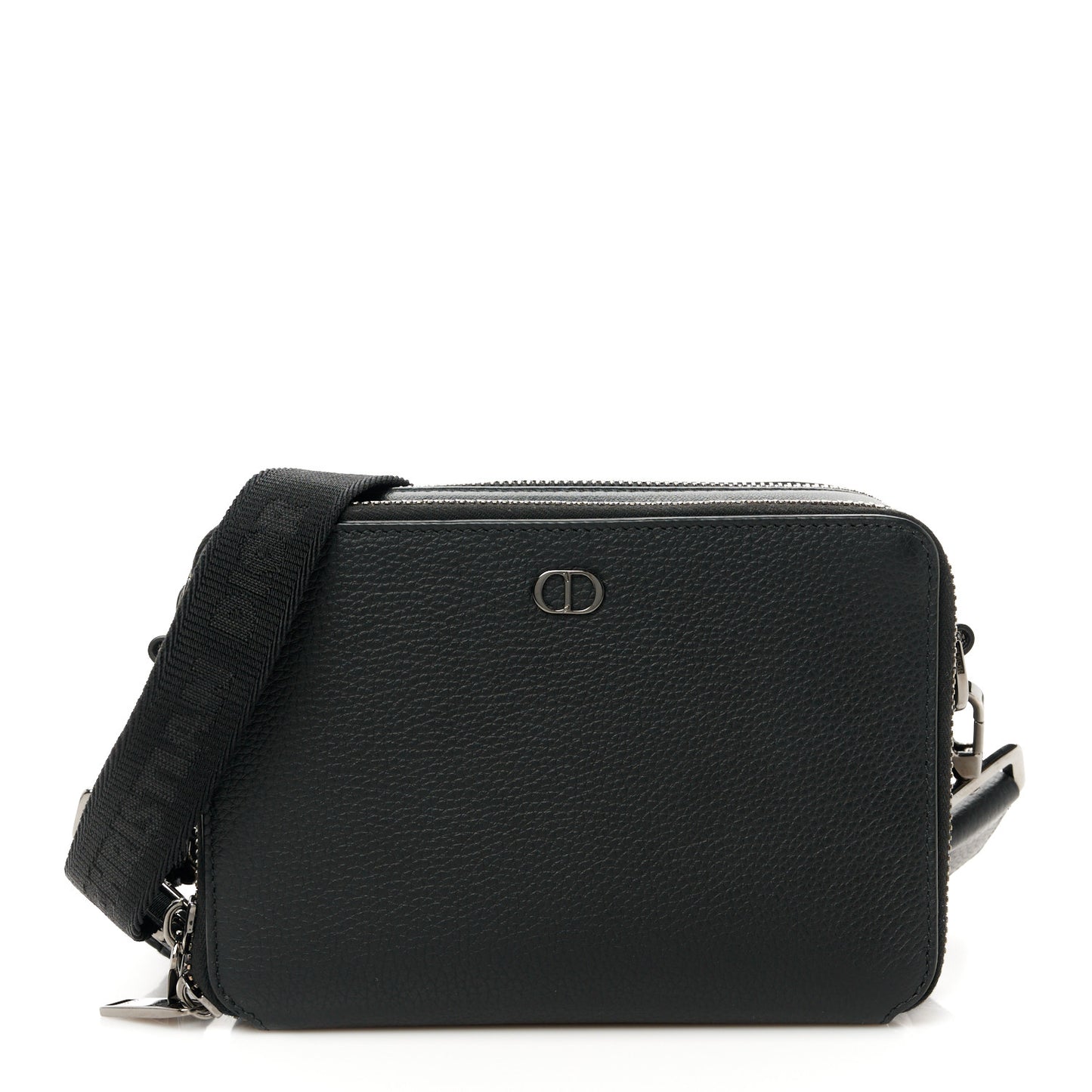 Grained Calfskin CD Icon Zipped Pouch With Strap Black