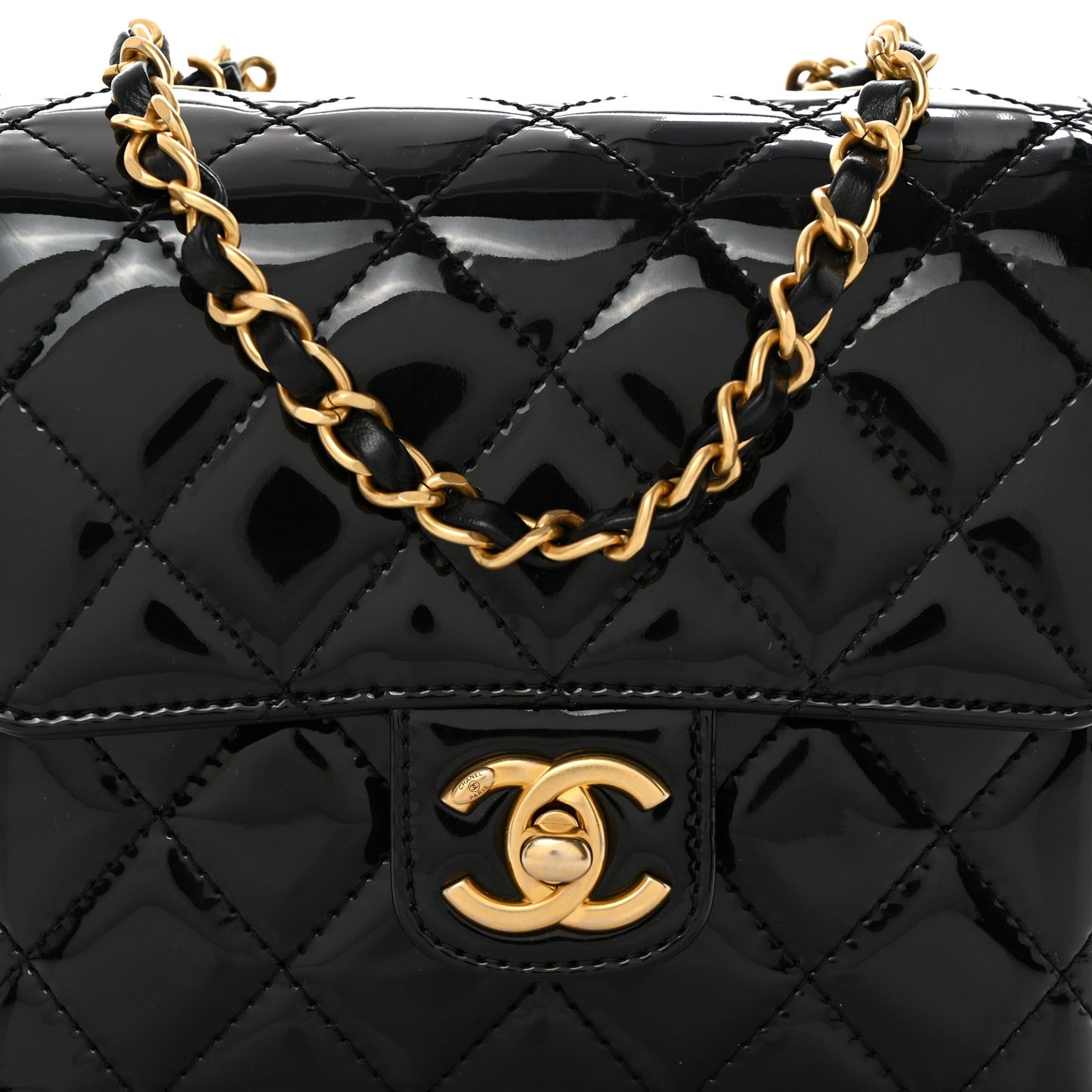 Patent Calfskin Quilted Mini Square Flap Black