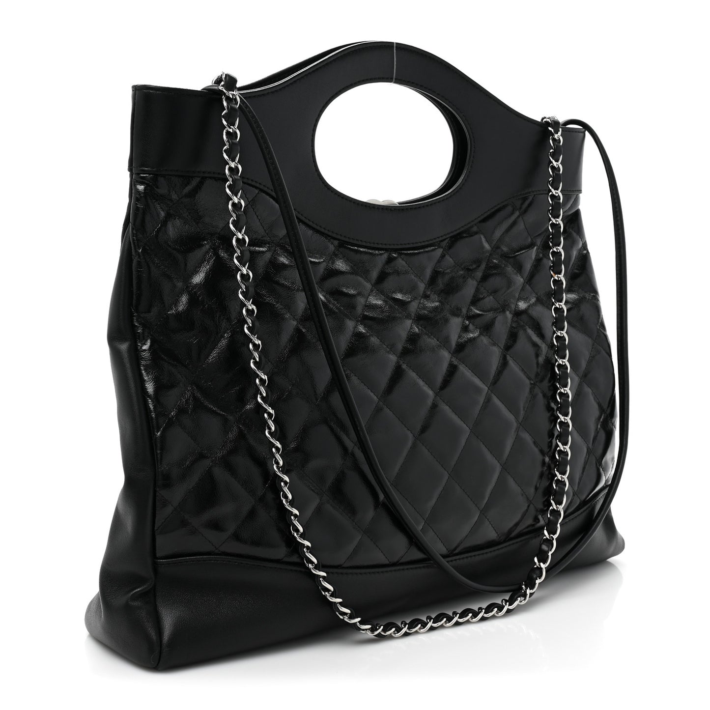 Shiny Aged Calfskin Quilted Large 31 Shopping Bag Black