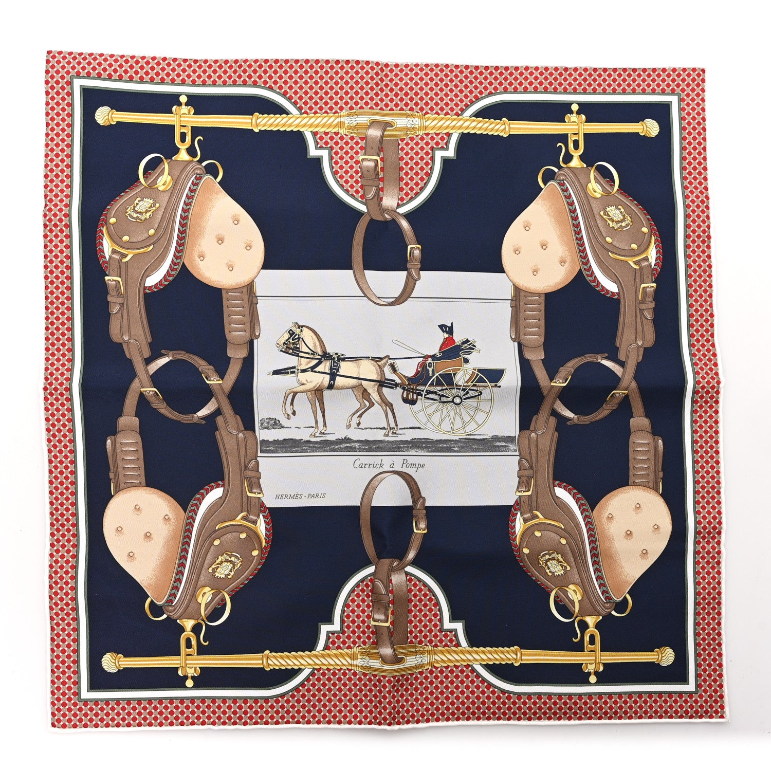 エルメス カレ90 Carrick a Pompe スカーフ ブラウン 30E Hermes Silk Gavroche Carrick A Pompe Scarf 45 Marine Rouge Gris