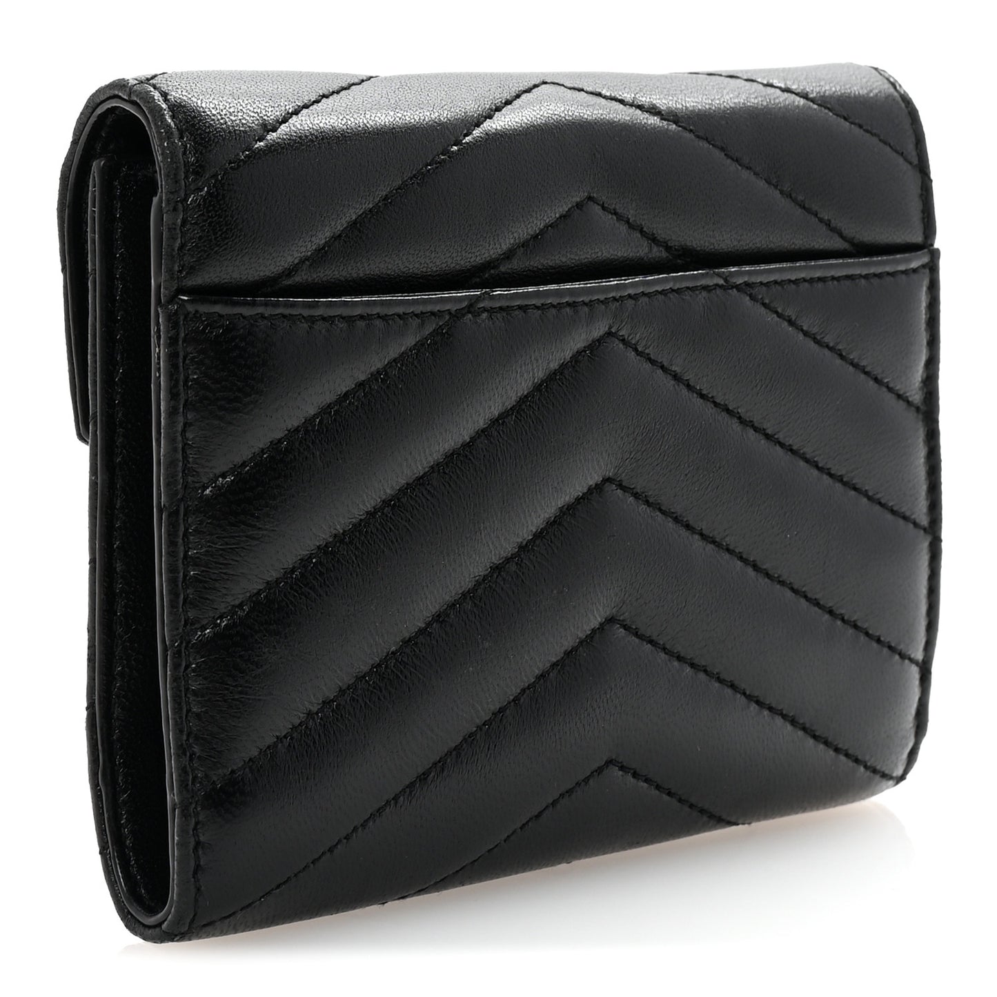 Lambskin Matelasse Chevron Monogram Compact Tri Fold Wallet Black
