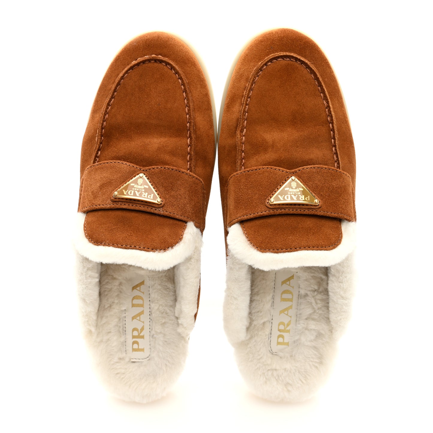Suede Shearling Triangle Logo Loafer Mules 37 Cognac