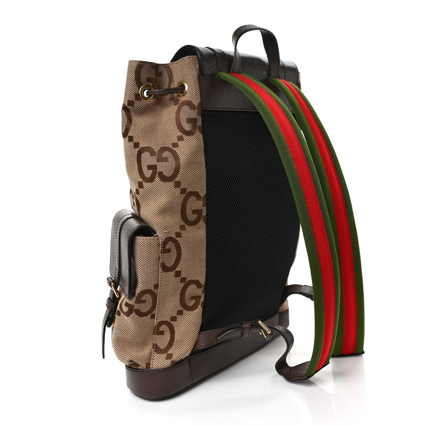 Monogram Jumbo GG Textured Dollar Calfskin Web Double Buckle Backpack Camel Ebony New Acero