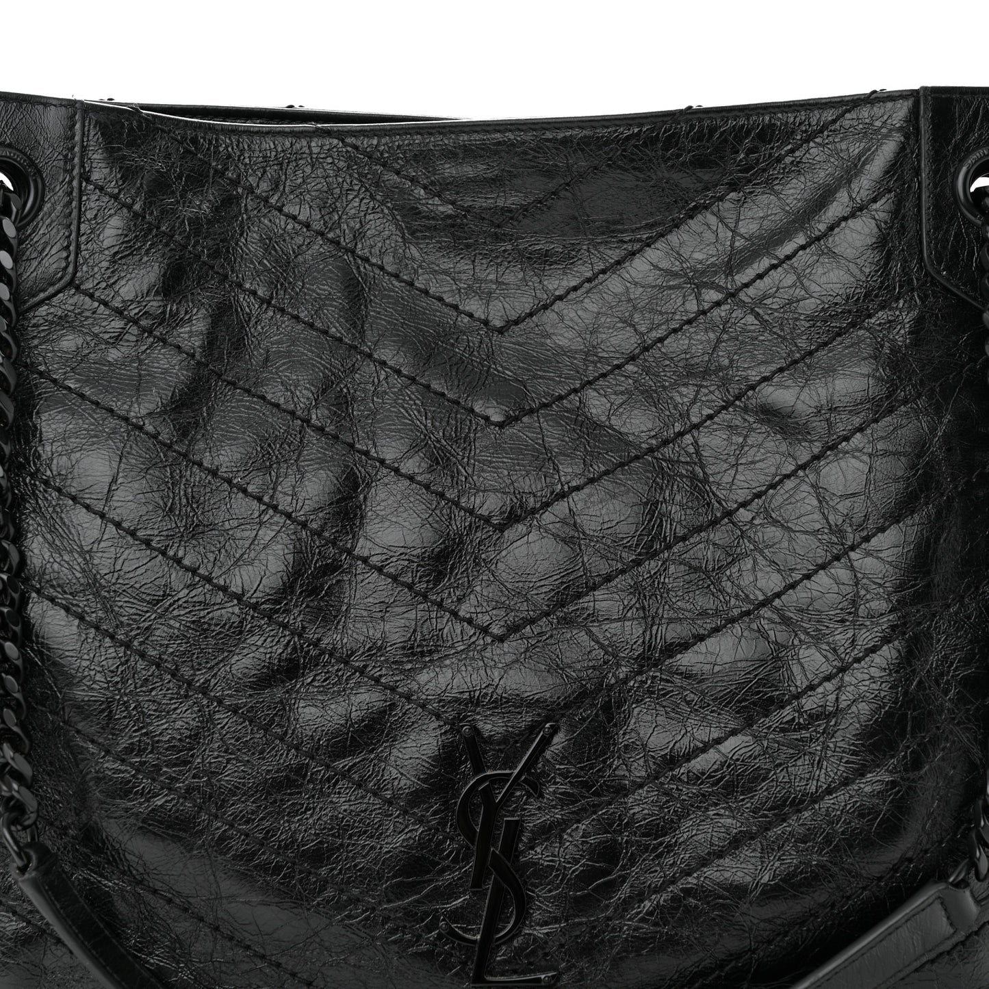 Crinkled Calfskin Matelasse Monogram Medium Niki Shopper Tote Black
