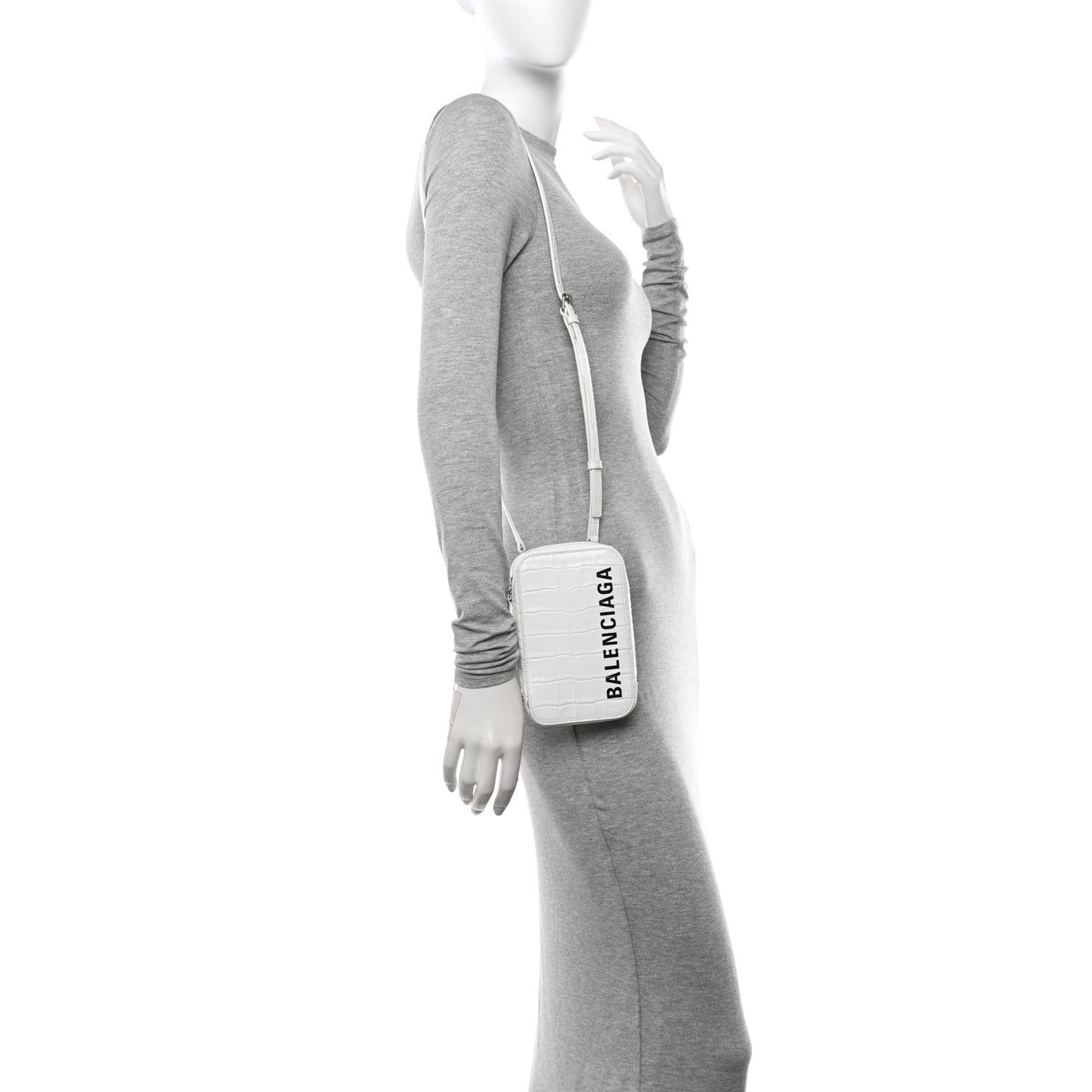 Shiny Calfskin Logo Crocodile Embossed Cash Phone Holder Bag White Black