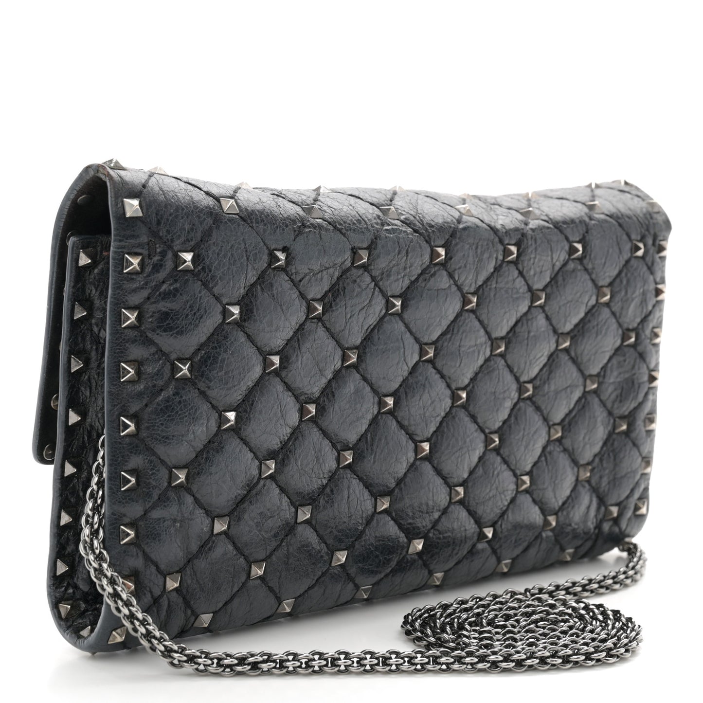 Craquele Nappa Rockstud Spike Wallet on Chain Black