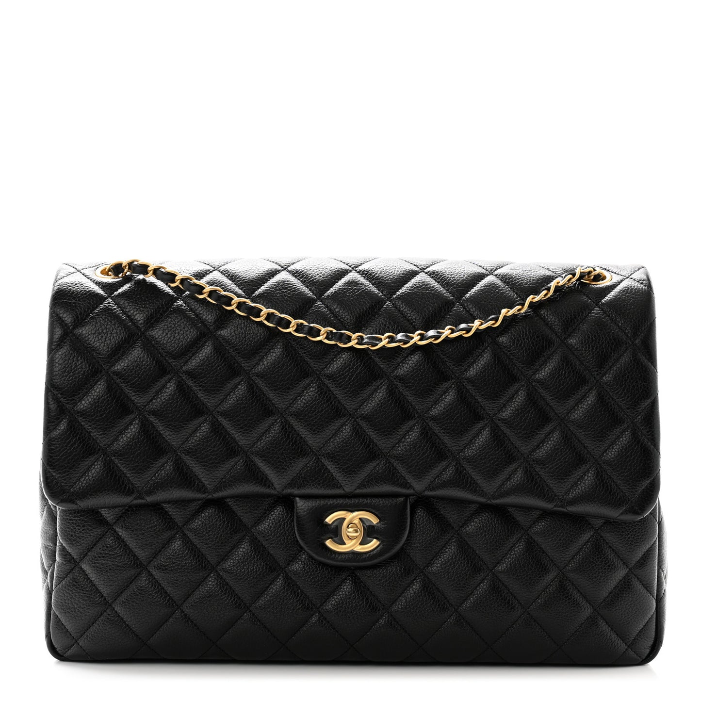 Grained Calfskin Quilted XXL Travel Flap Bag Black