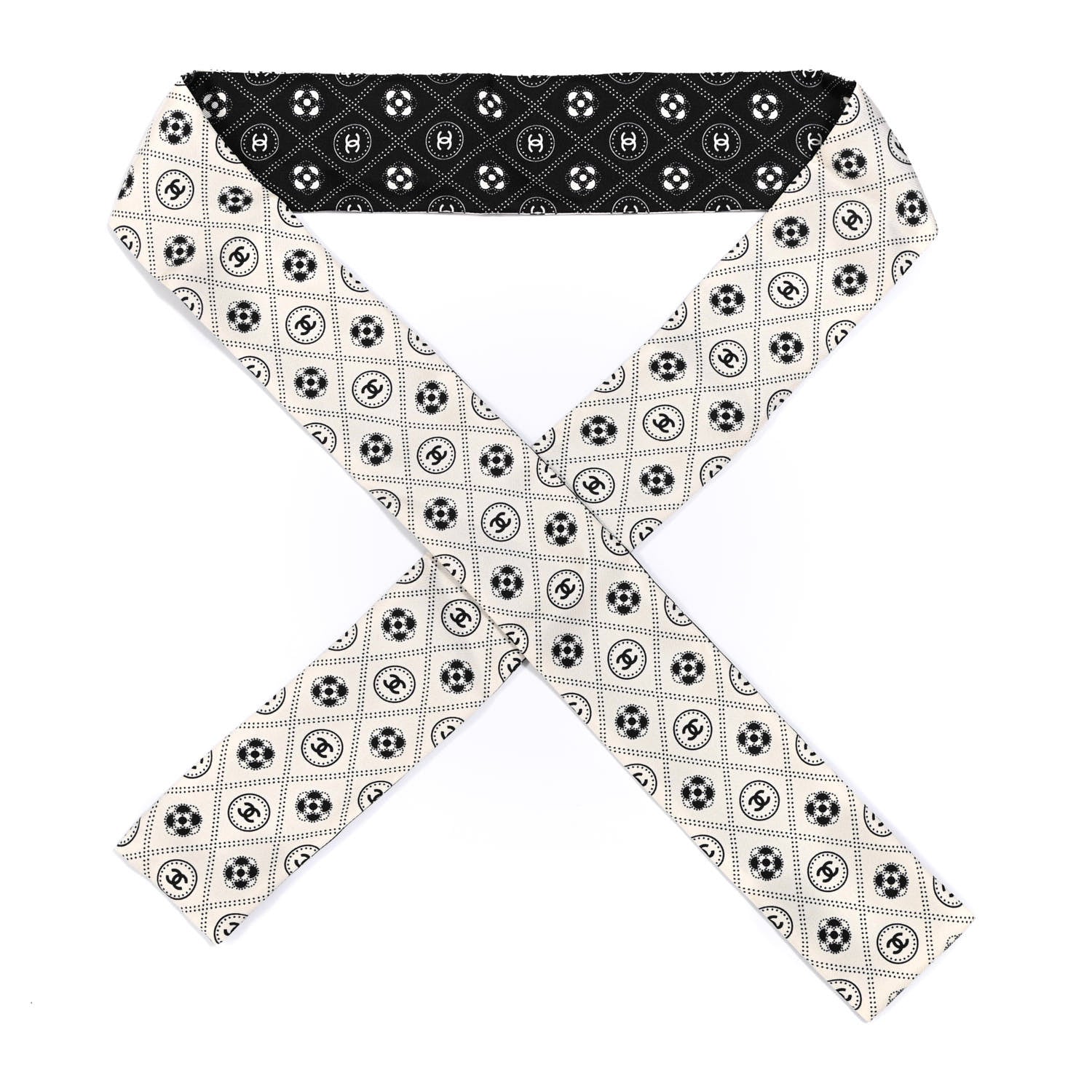 Chanel Silk CC Polka Dot Slim Bandeau Scarf Black Ecru 1 of 2
