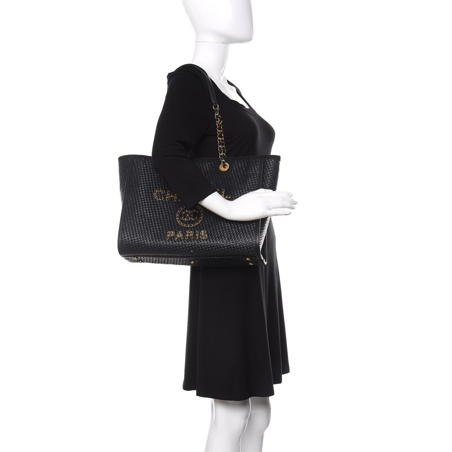 Woven Straw Raffia Small Deauville Tote Black