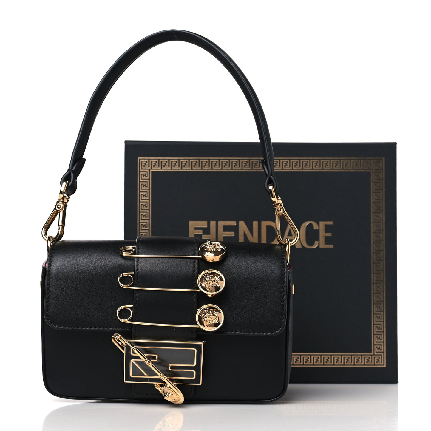 X VERSACE Vitello Seta Fendace Mini Brooch Baguette Black