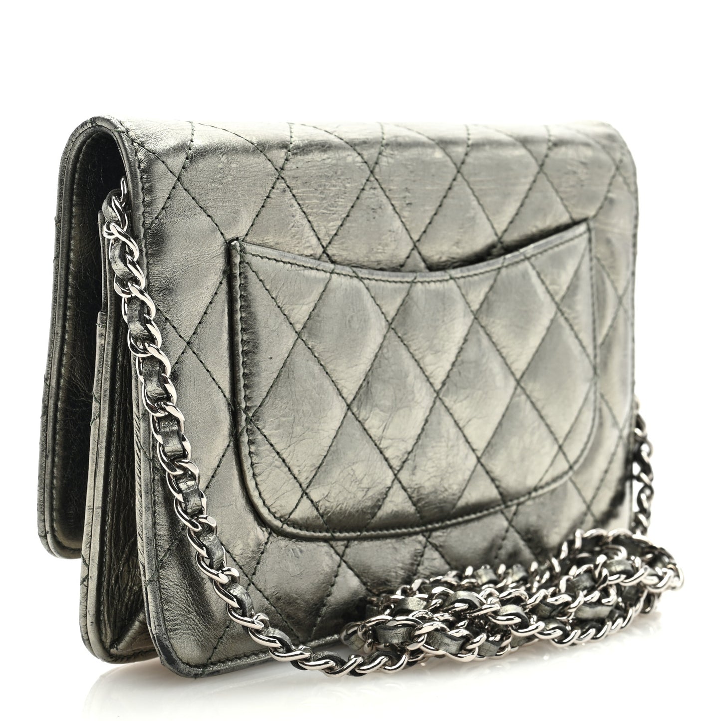 Metallic Aged Calfskin Quilted 2.55 Reissue Wallet On Chain WOC Green