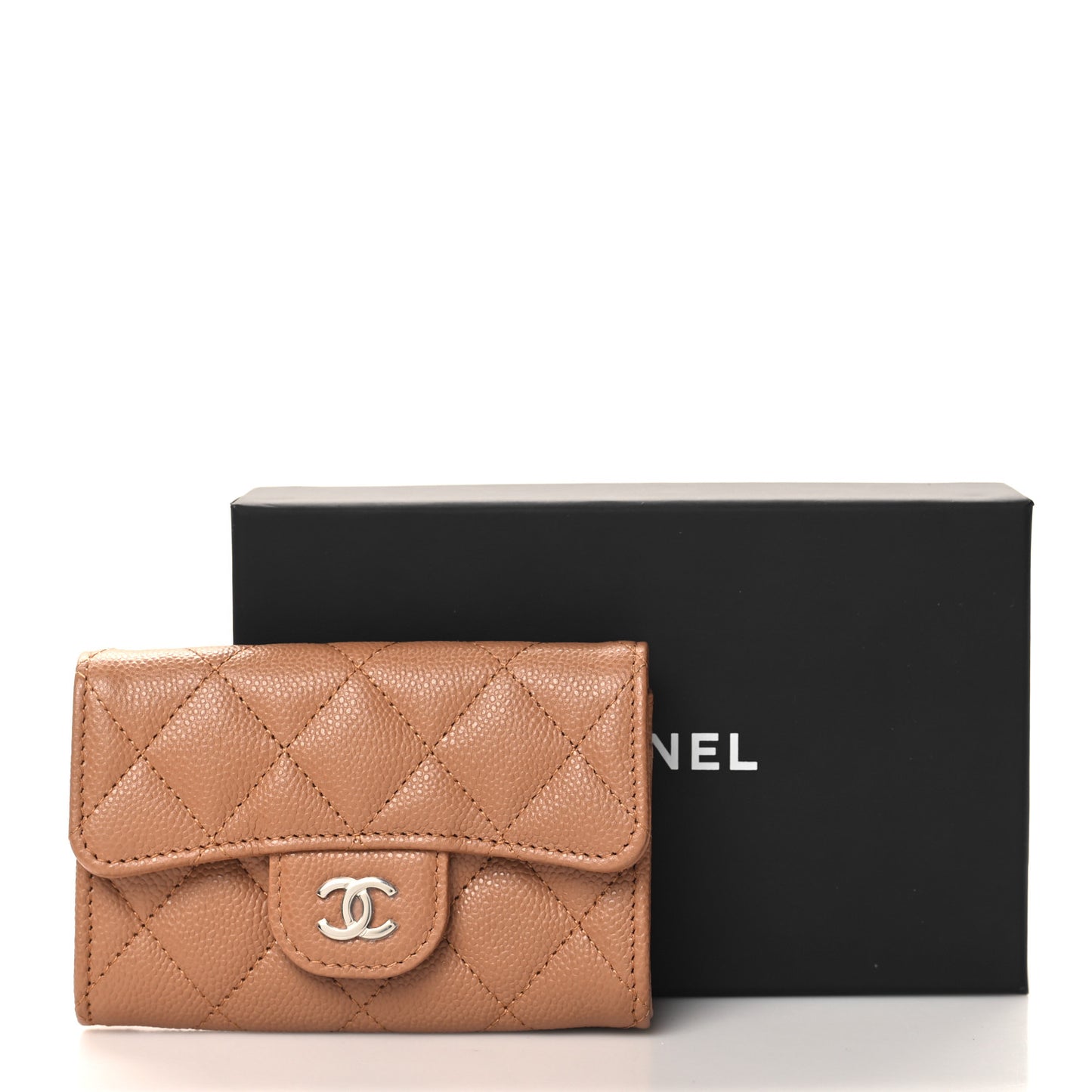 Caviar Quilted Flap Card Holder Wallet Light Brown