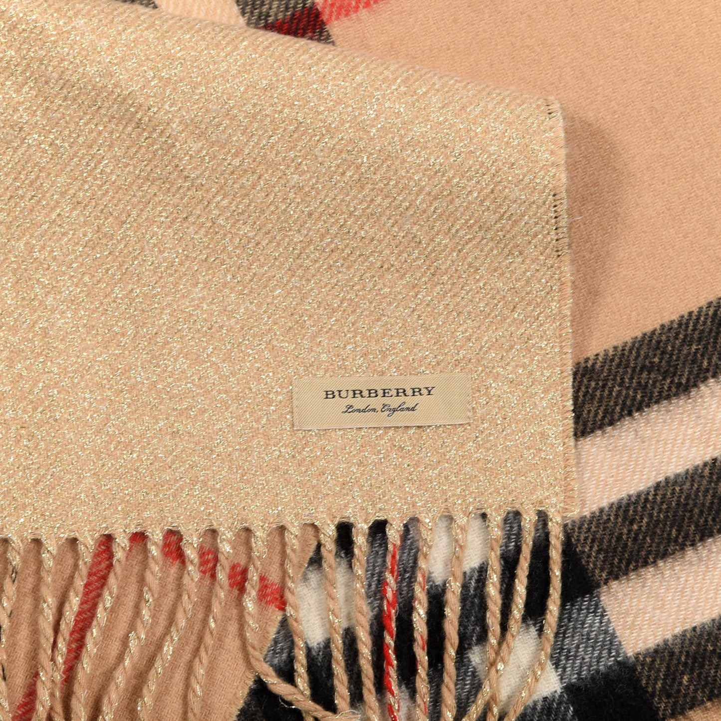 Metallic Cashmere Reversible Check Fringe Scarf Camel Gold