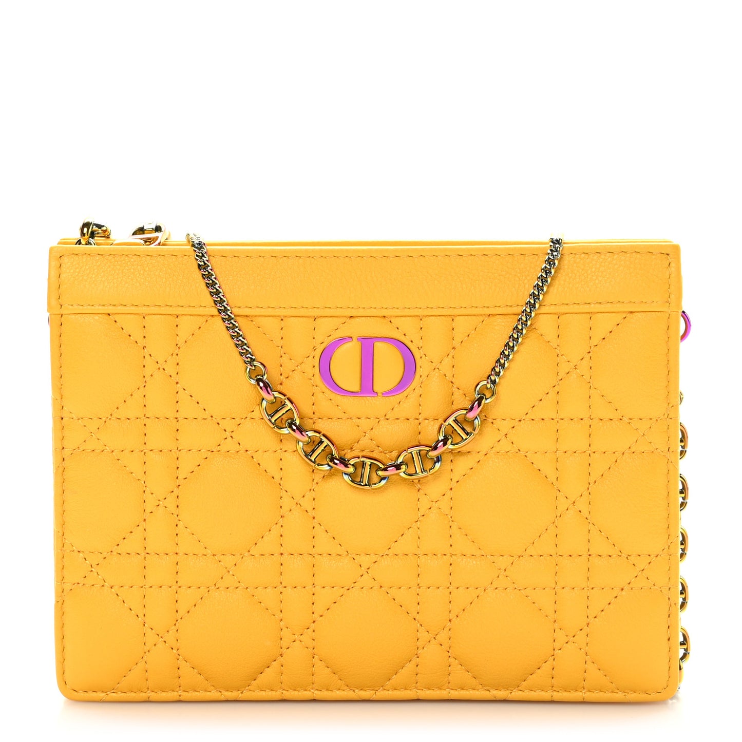 Calfskin Cannage Caro Zipped Pouch With Chain Sunny Yellow