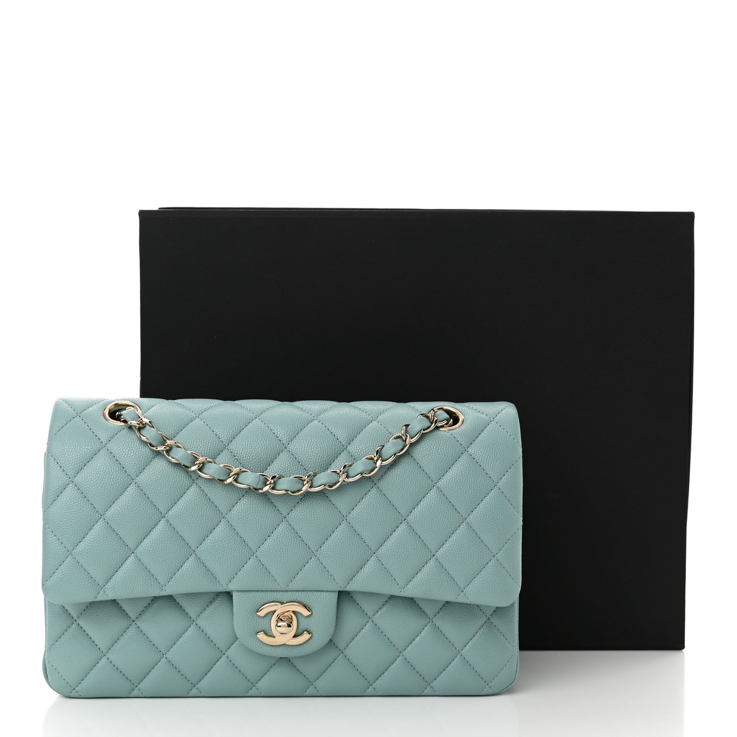 Caviar Quilted Medium Double Flap Light Blue