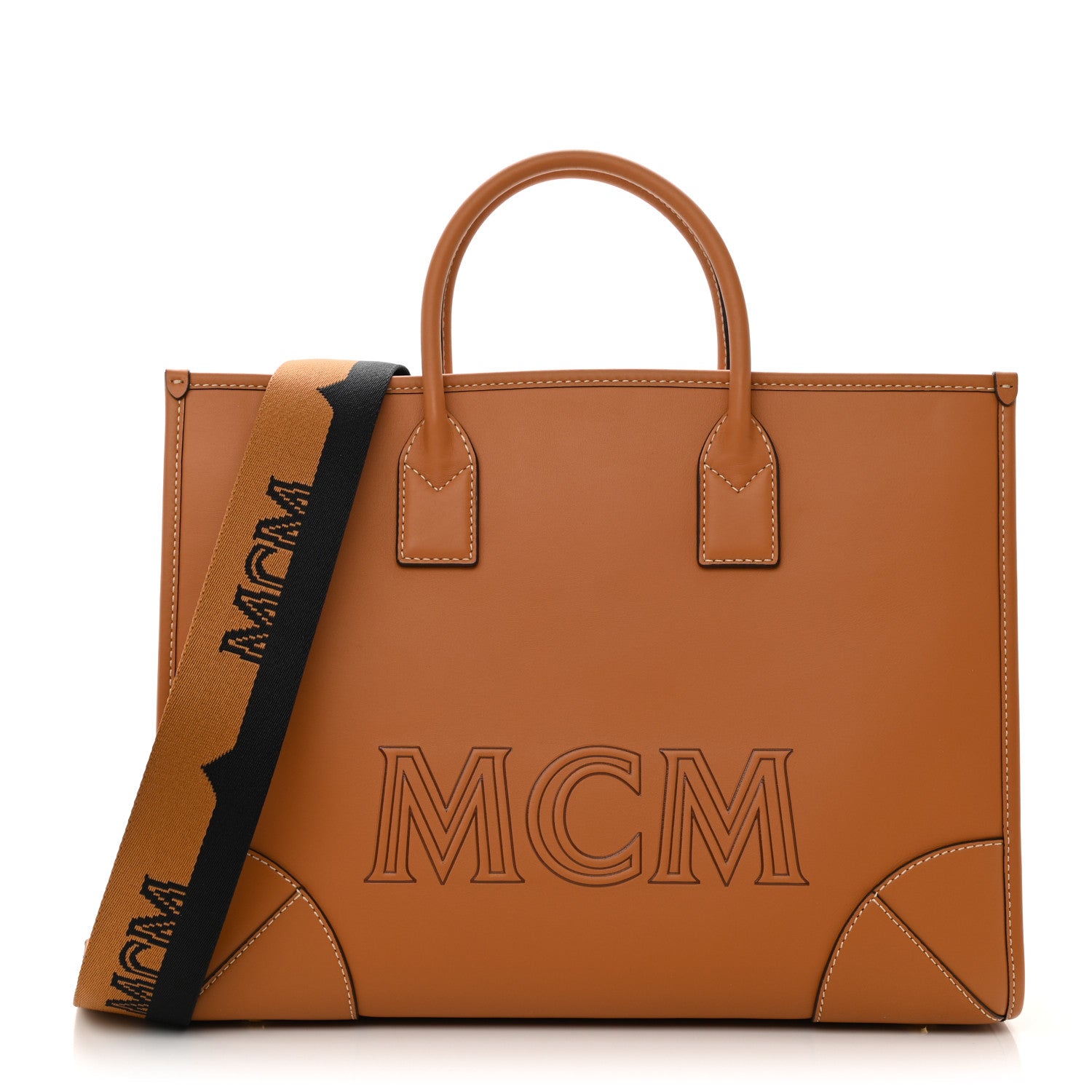 MCM Calfskin Logo Large Tote Cognac 1 of 10