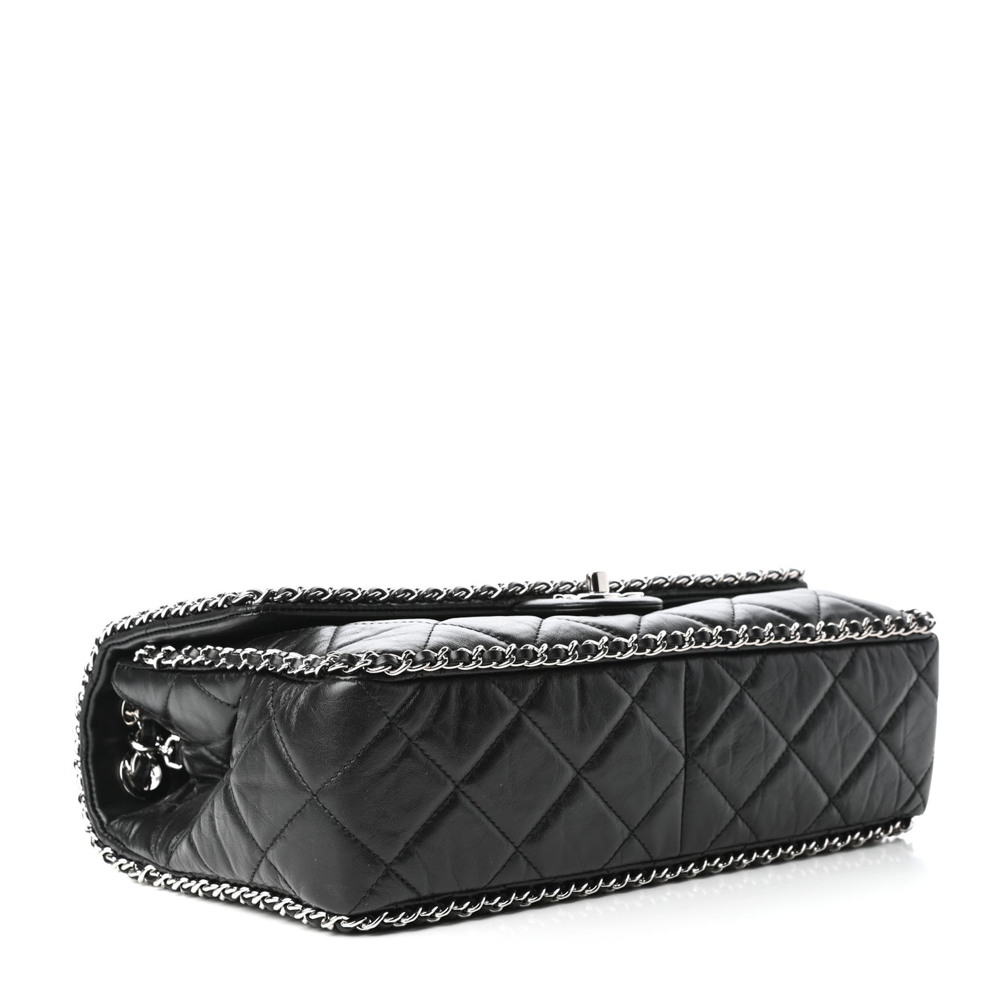 Crumpled Calfskin Quilted Large Chain All Over Flap Bag Black