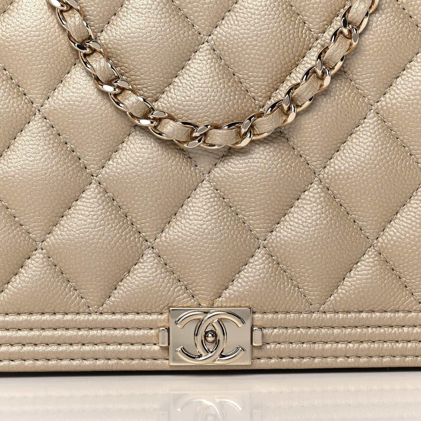 Metallic Caviar Quilted Boy Wallet On Chain WOC Light Gold