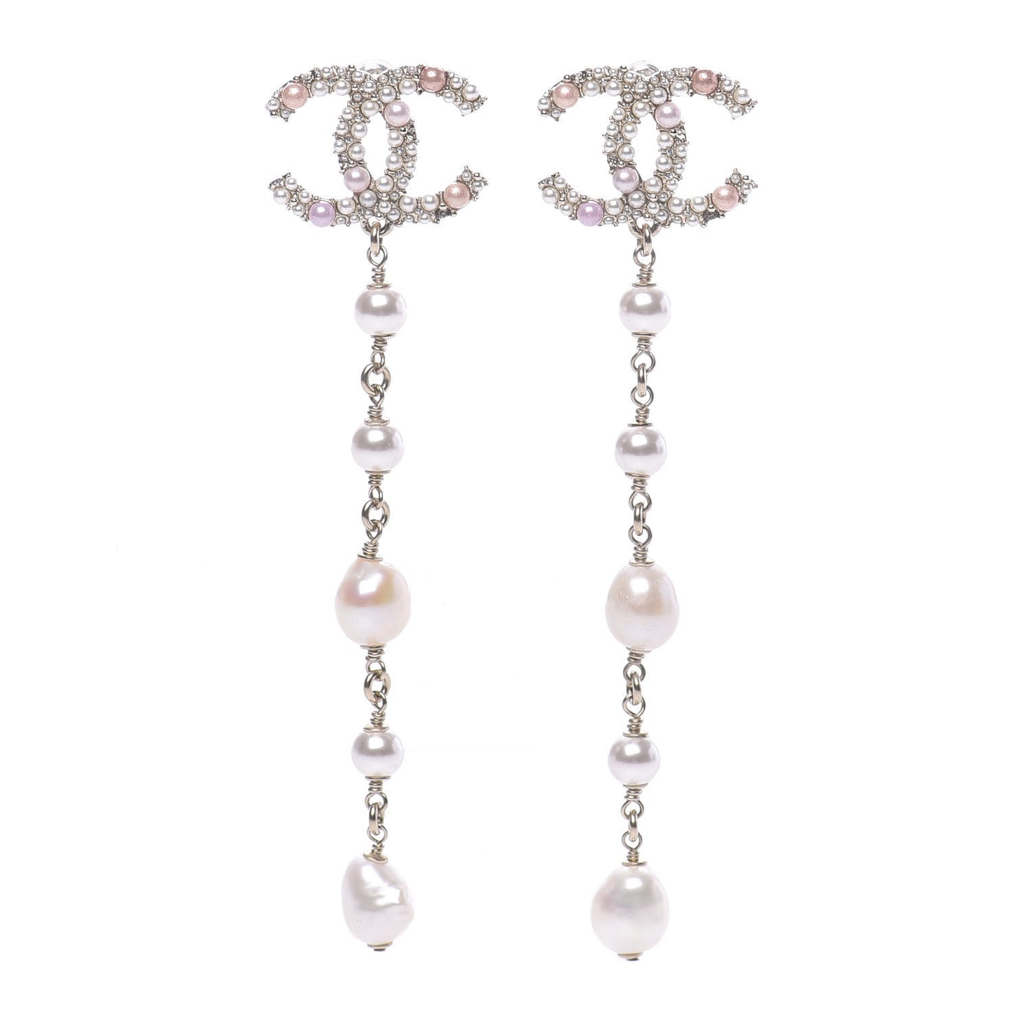 Pearl Crystal CC Charms Dangle Earrings Light Gold Pink