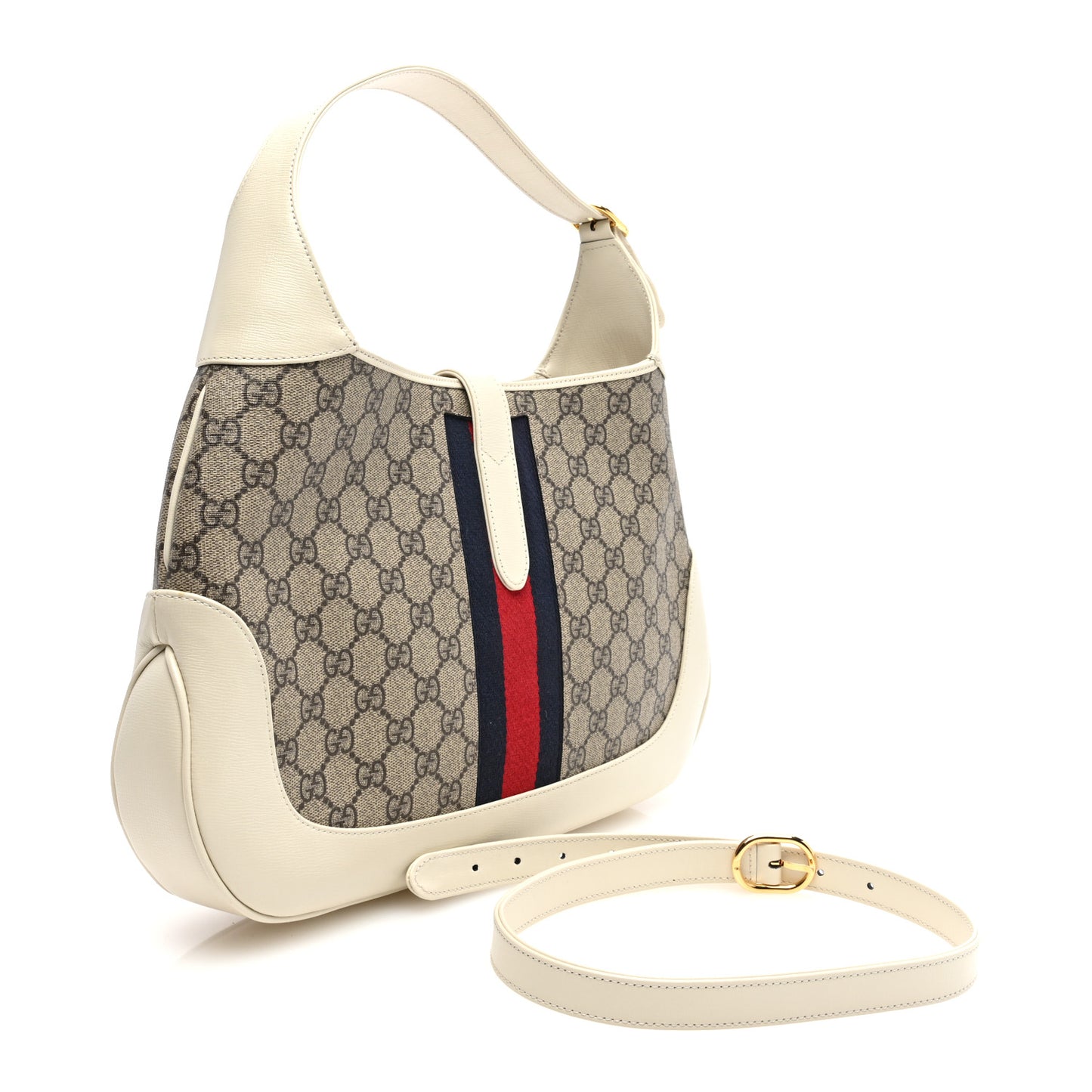 GG Supreme Monogram Textured Dollar Calfskin Web Medium Jackie 1961 Hobo Beige Ebony Mystic White