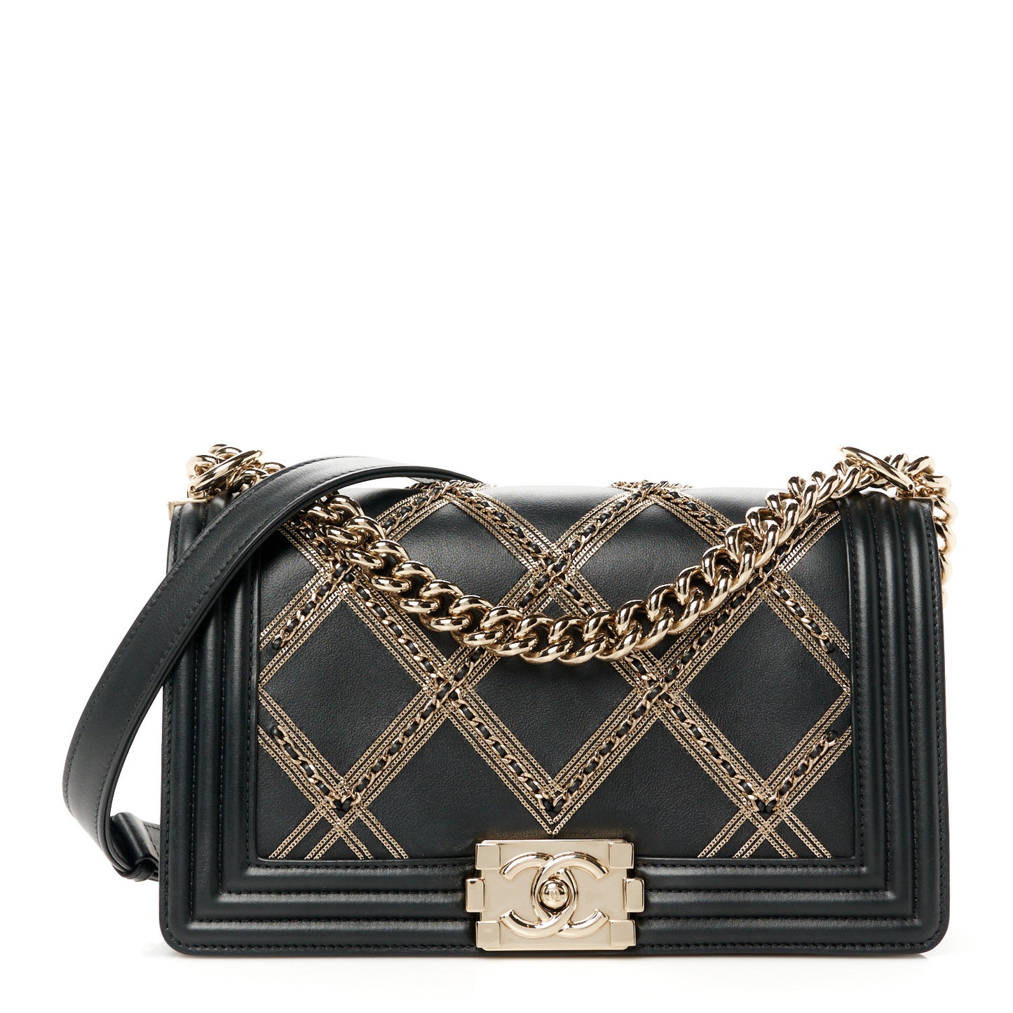 Calfskin Quilted Medium Chain Detail Boy Flap Black