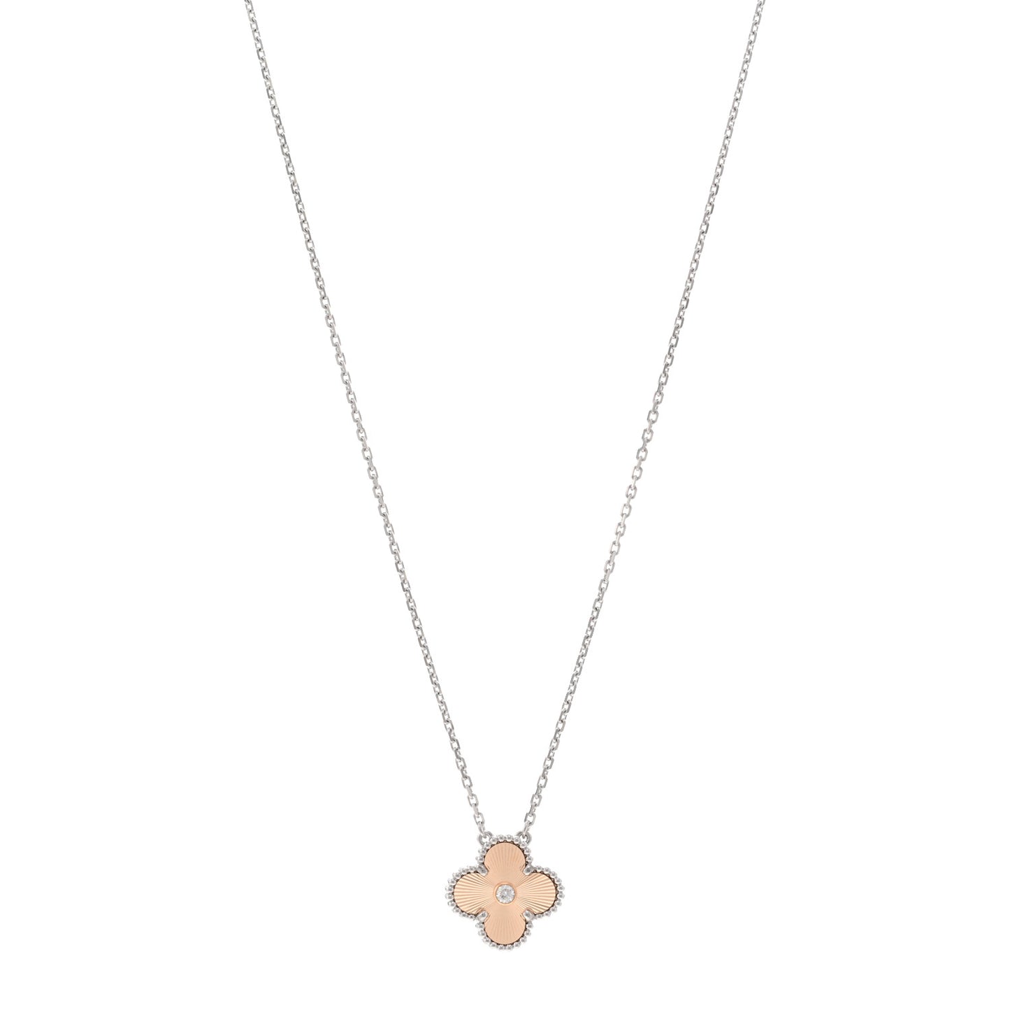 18K White Rose Gold Diamond Guilloche Vintage Alhambra Pendant Necklace