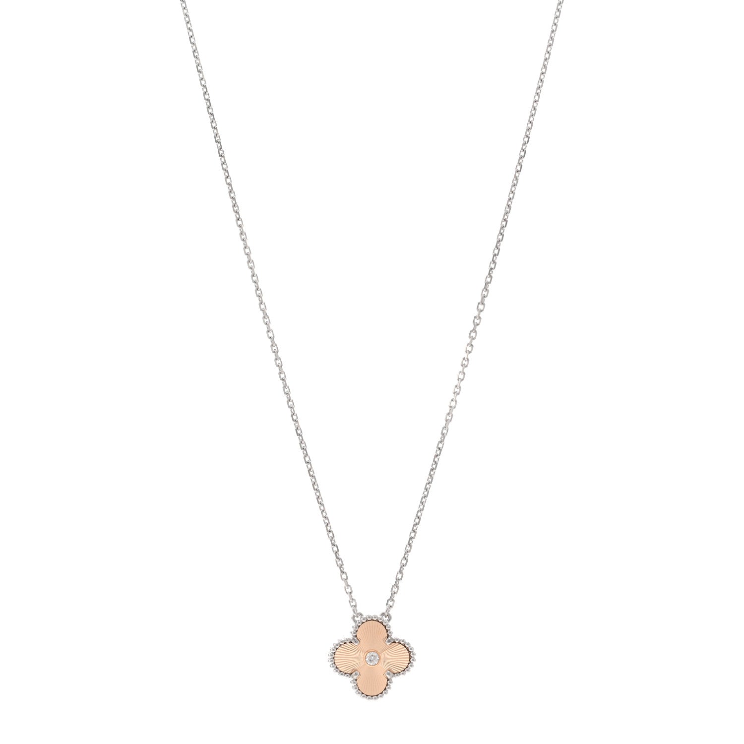 Van Cleef & Arpels 18K White Rose Gold Diamond Guilloche Vintage Alhambra Pendant Necklace 1 of 5