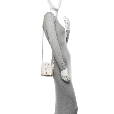 Metal Lambskin Quilted Small Chain Bucket Bag White