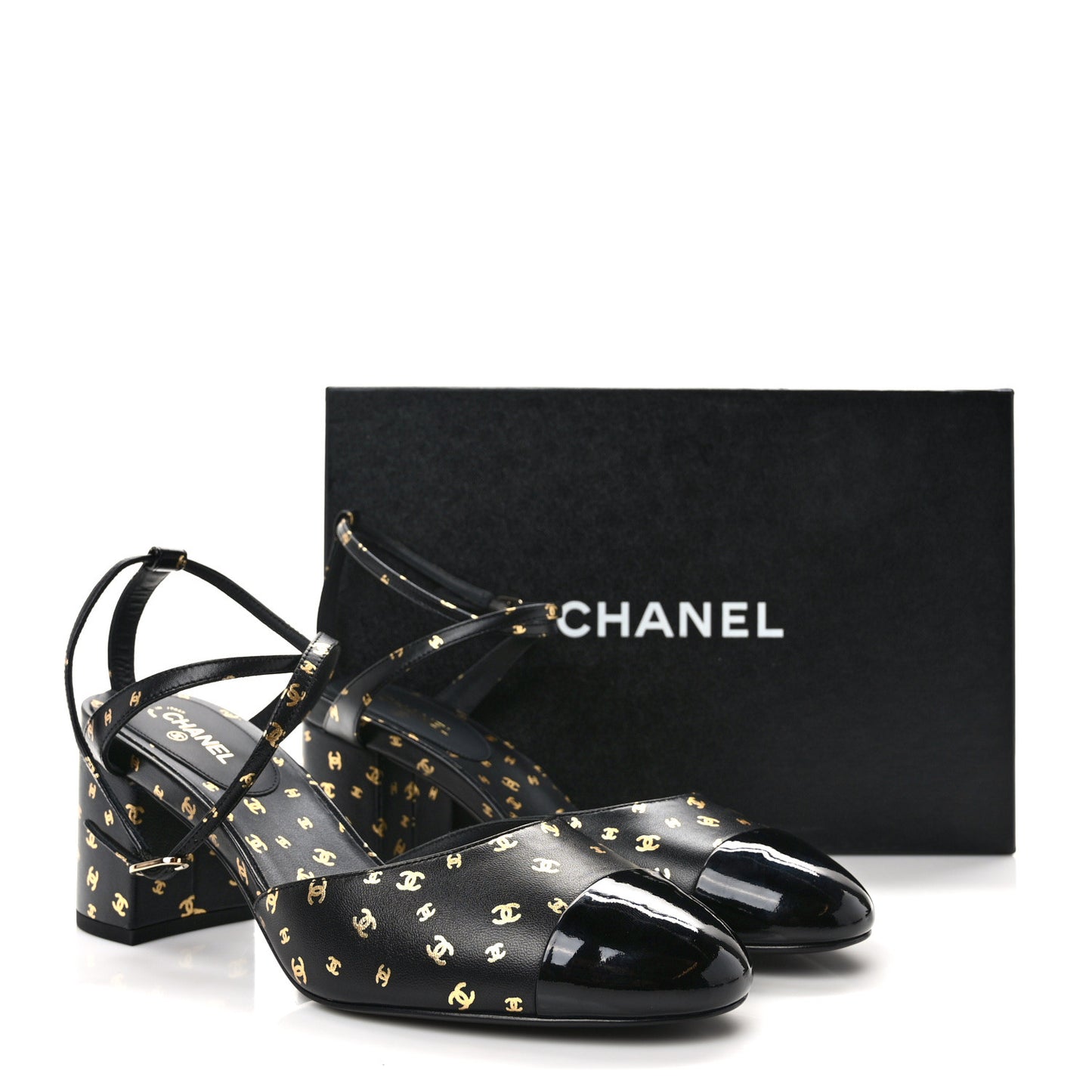 Printed Lambskin Patent Calfskin CC Slingbacks 41 Black Gold