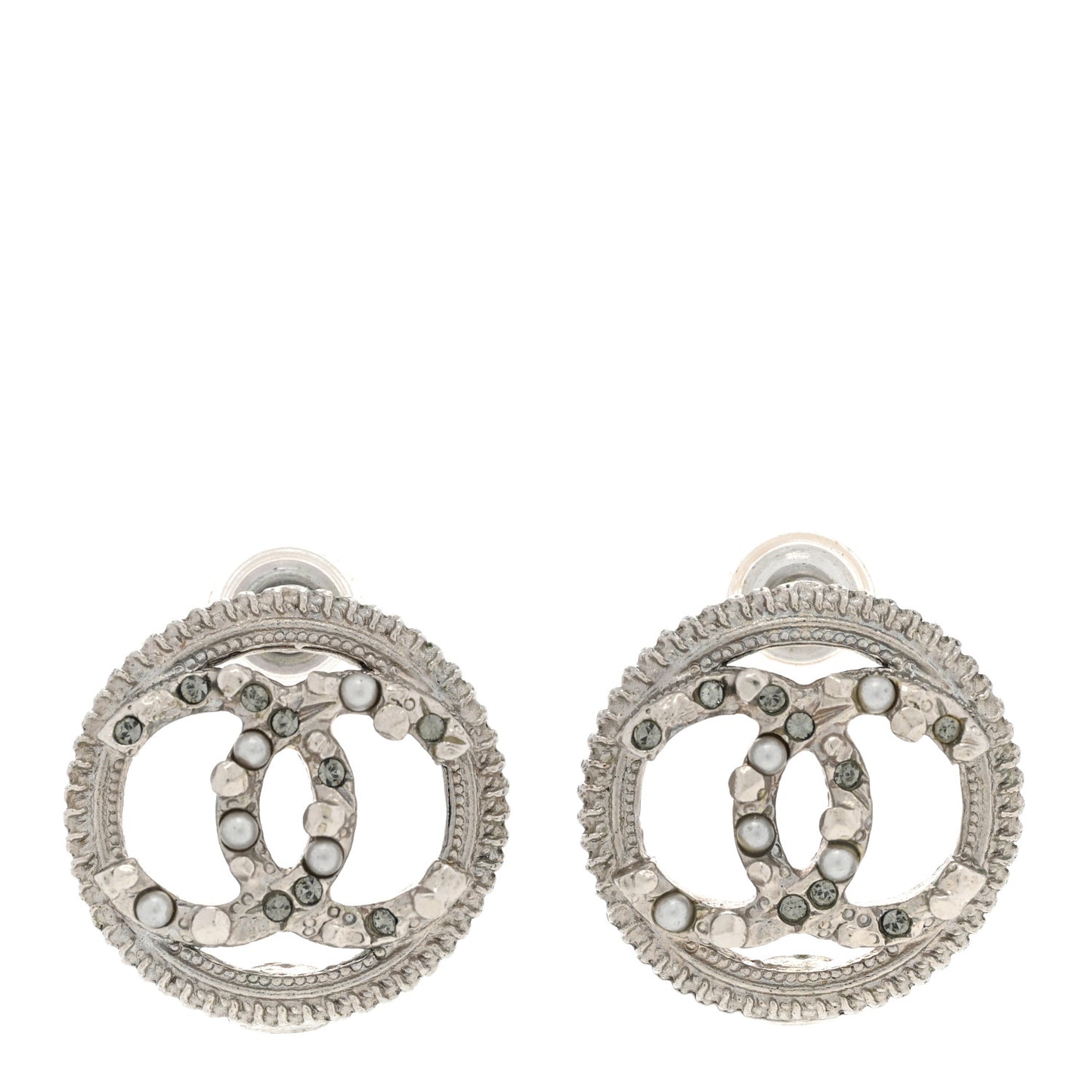 Pearl Crystal CC Round Earrings Silver